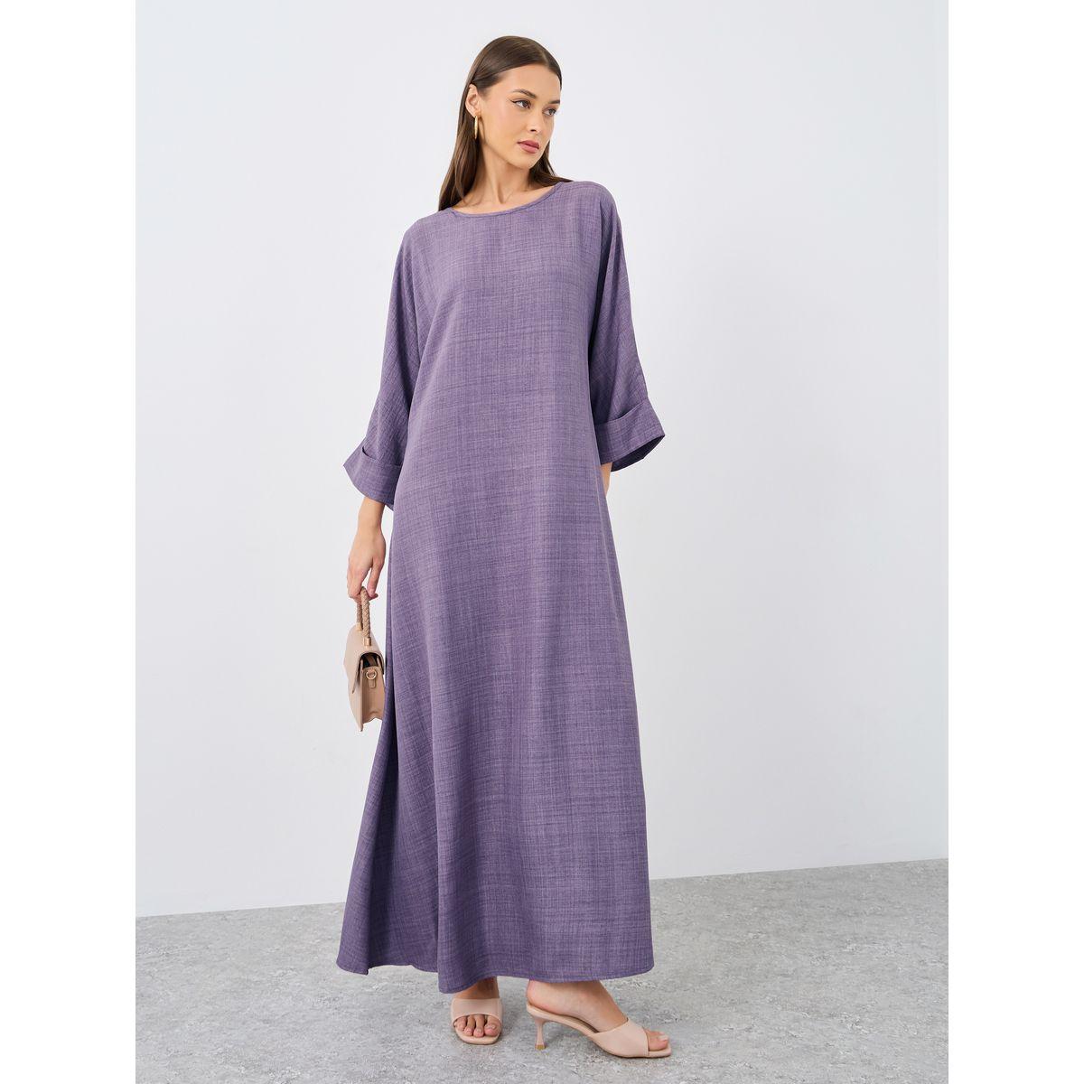 Amirah X Styli Women Purple Plain Batwing Sleeve Jalabiya-women-arabicclothing-jalabiyas-image-1