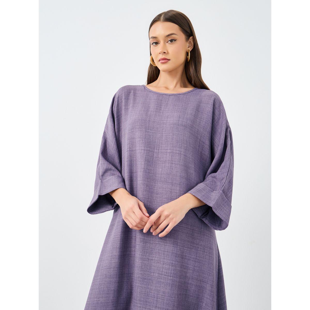 Amirah X Styli Women Purple Plain Batwing Sleeve Jalabiya-women-arabicclothing-jalabiyas-image-2