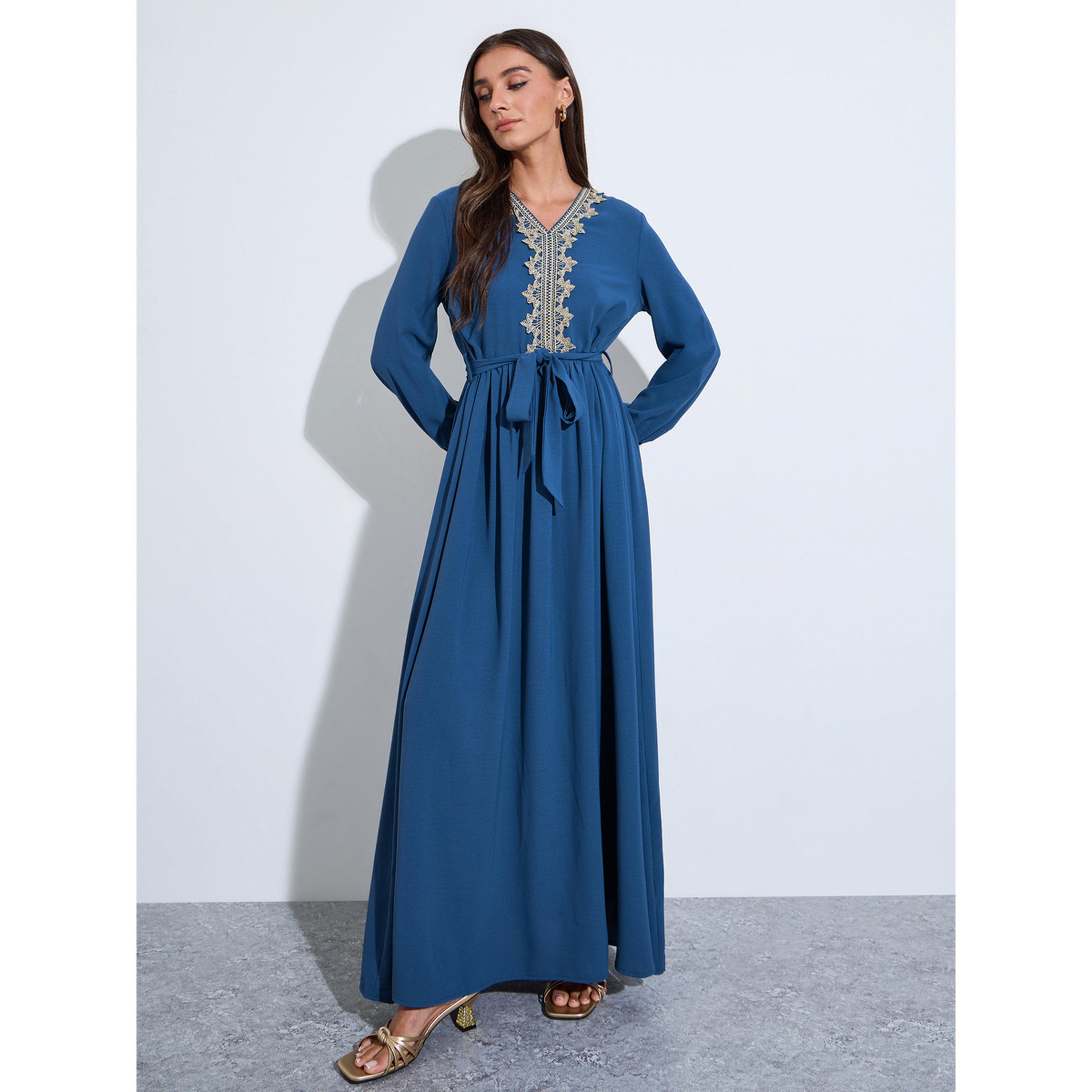 Amirah X Styli Women Blue Embroidered V Neck Jalabiya with Fabric Belt-women-arabicclothing-jalabiyas-image-1