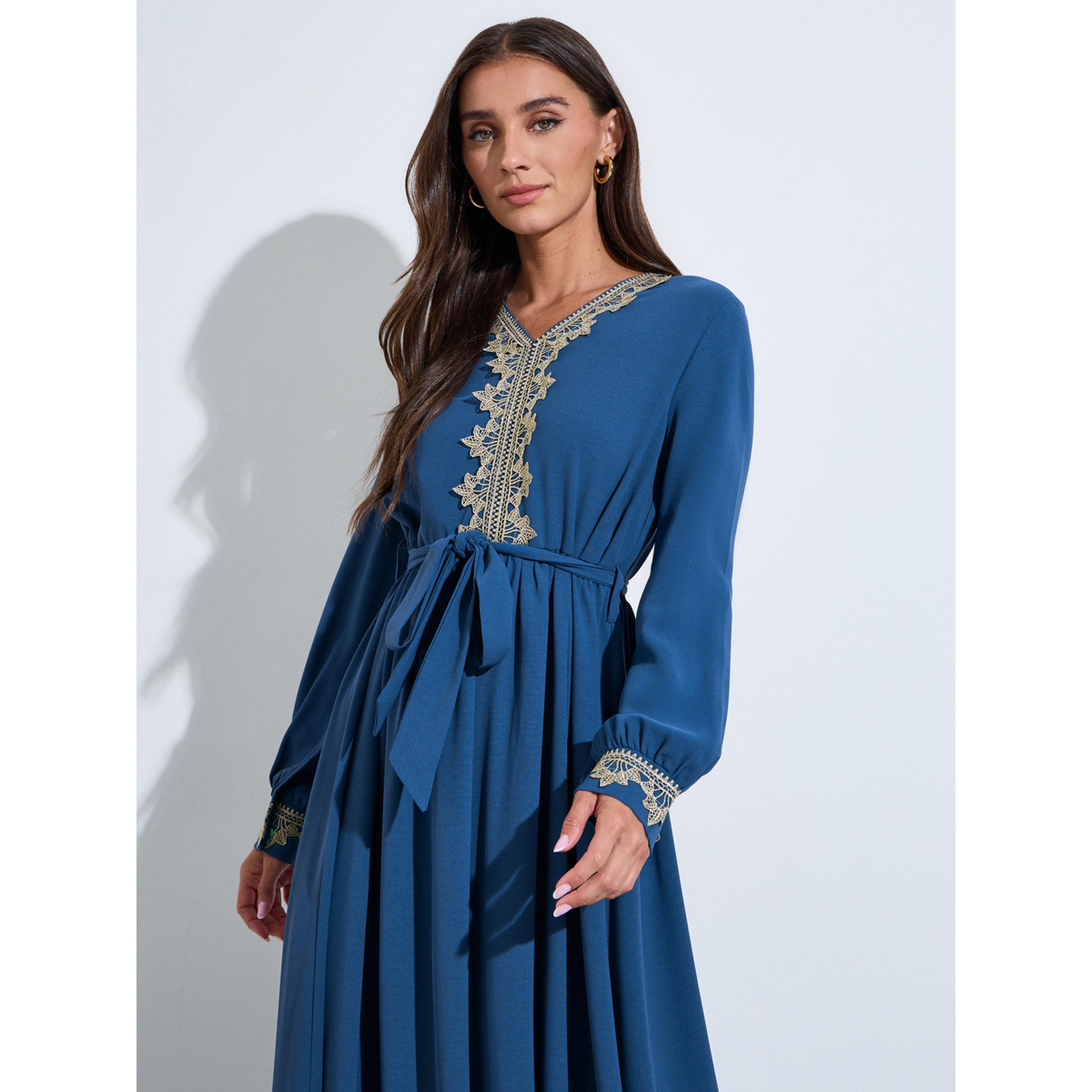 Amirah X Styli Women Blue Embroidered V Neck Jalabiya with Fabric Belt-women-arabicclothing-jalabiyas-image-2