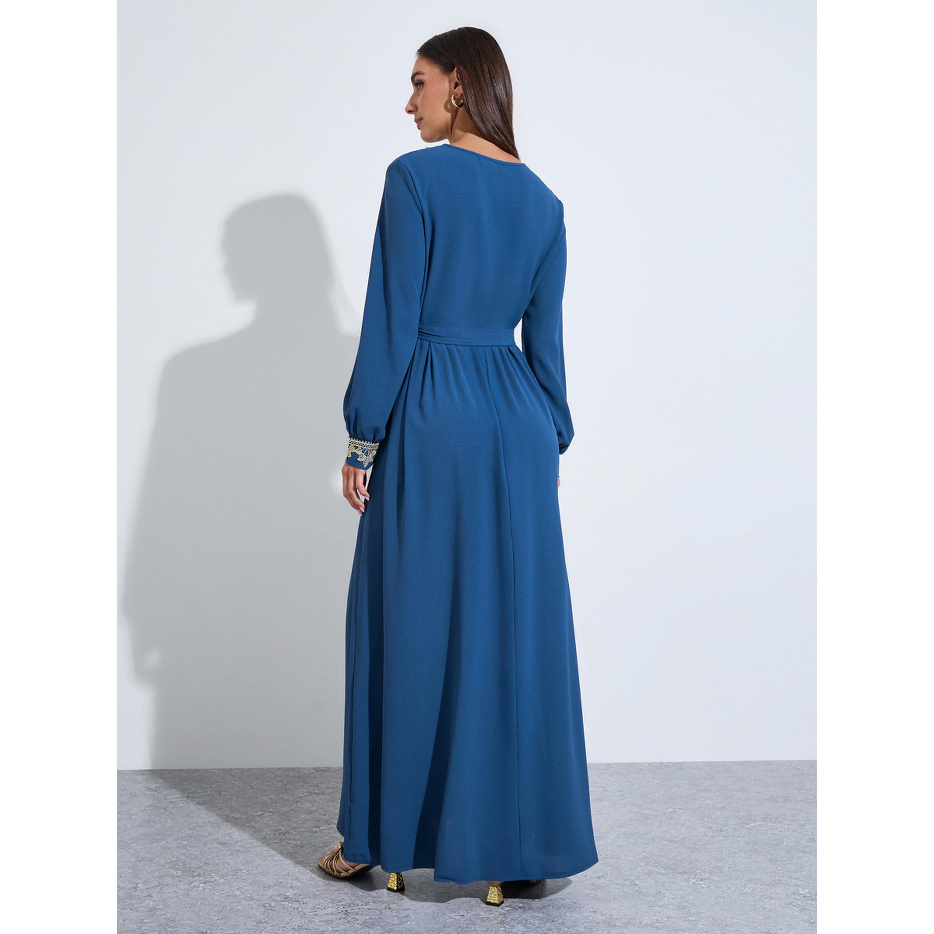 Amirah X Styli Women Blue Embroidered V Neck Jalabiya with Fabric Belt-women-arabicclothing-jalabiyas-image-3