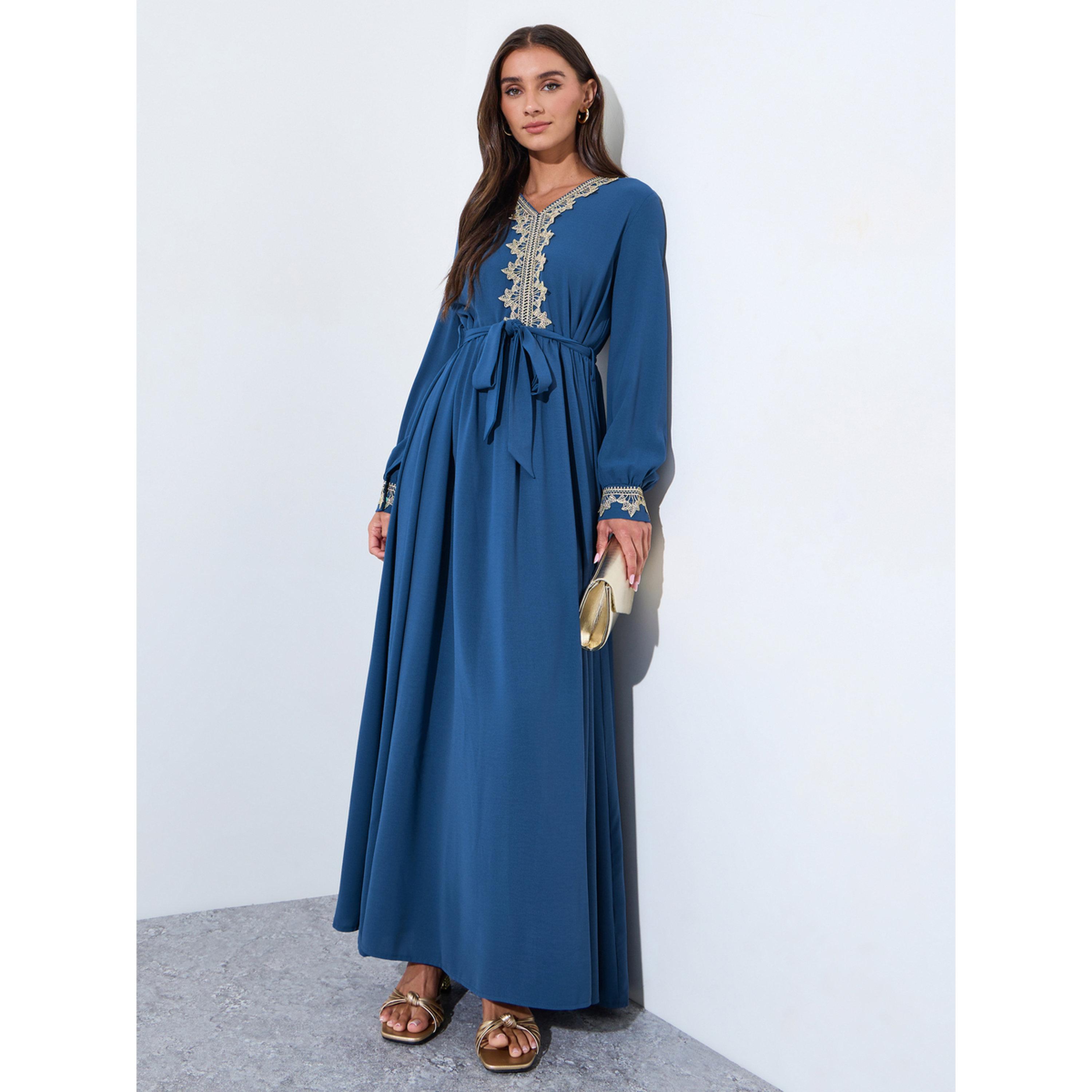 Amirah X Styli Women Blue Embroidered V Neck Jalabiya with Fabric Belt-women-arabicclothing-jalabiyas-image-4