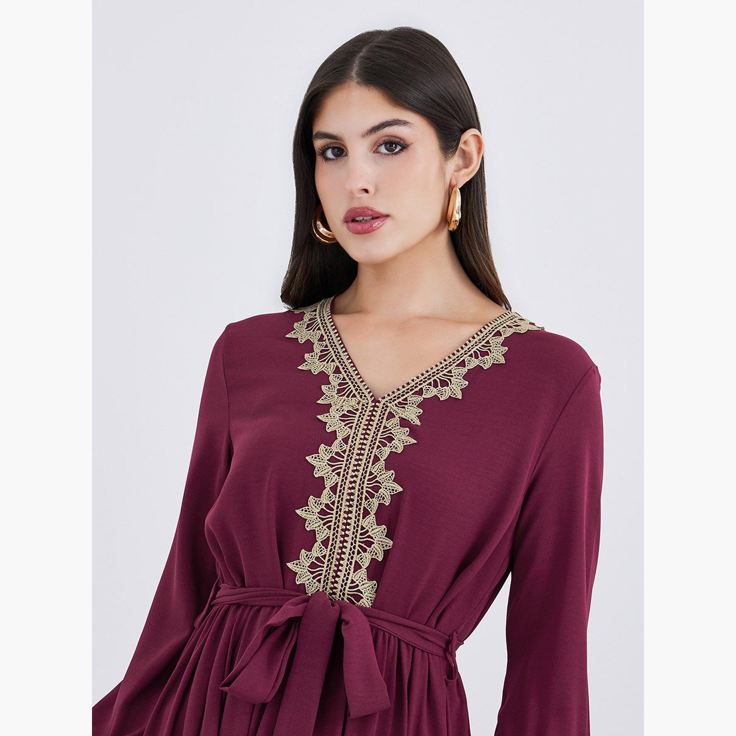 أميرة x ستايلي جلابية بتفاصيل دانتيل مع حزام-women-arabicclothing-jalabiyas-image-4