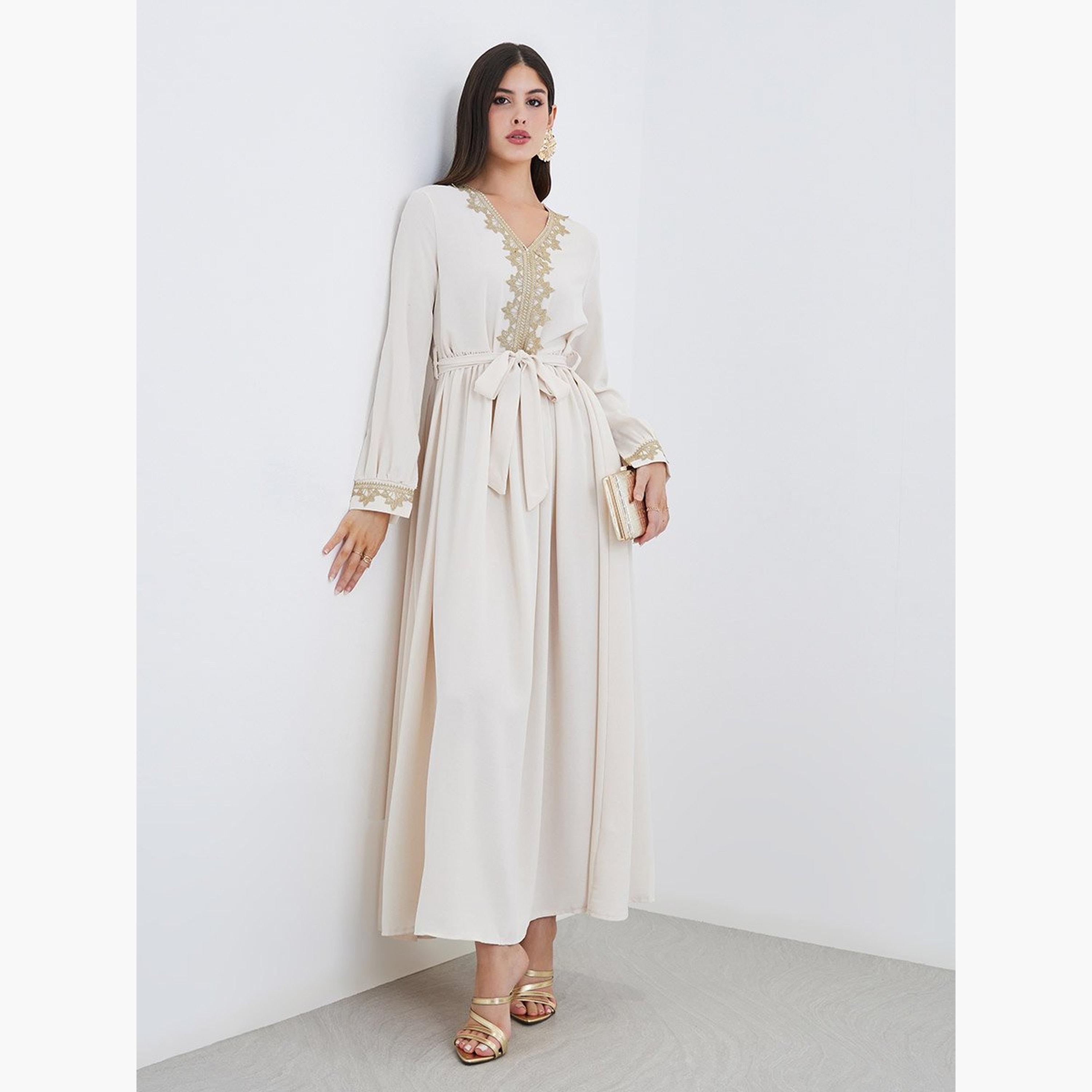 أميرة x ستايلي جلابية بتفاصيل دانتيل مع حزام-women-arabicclothing-jalabiyas-image-1