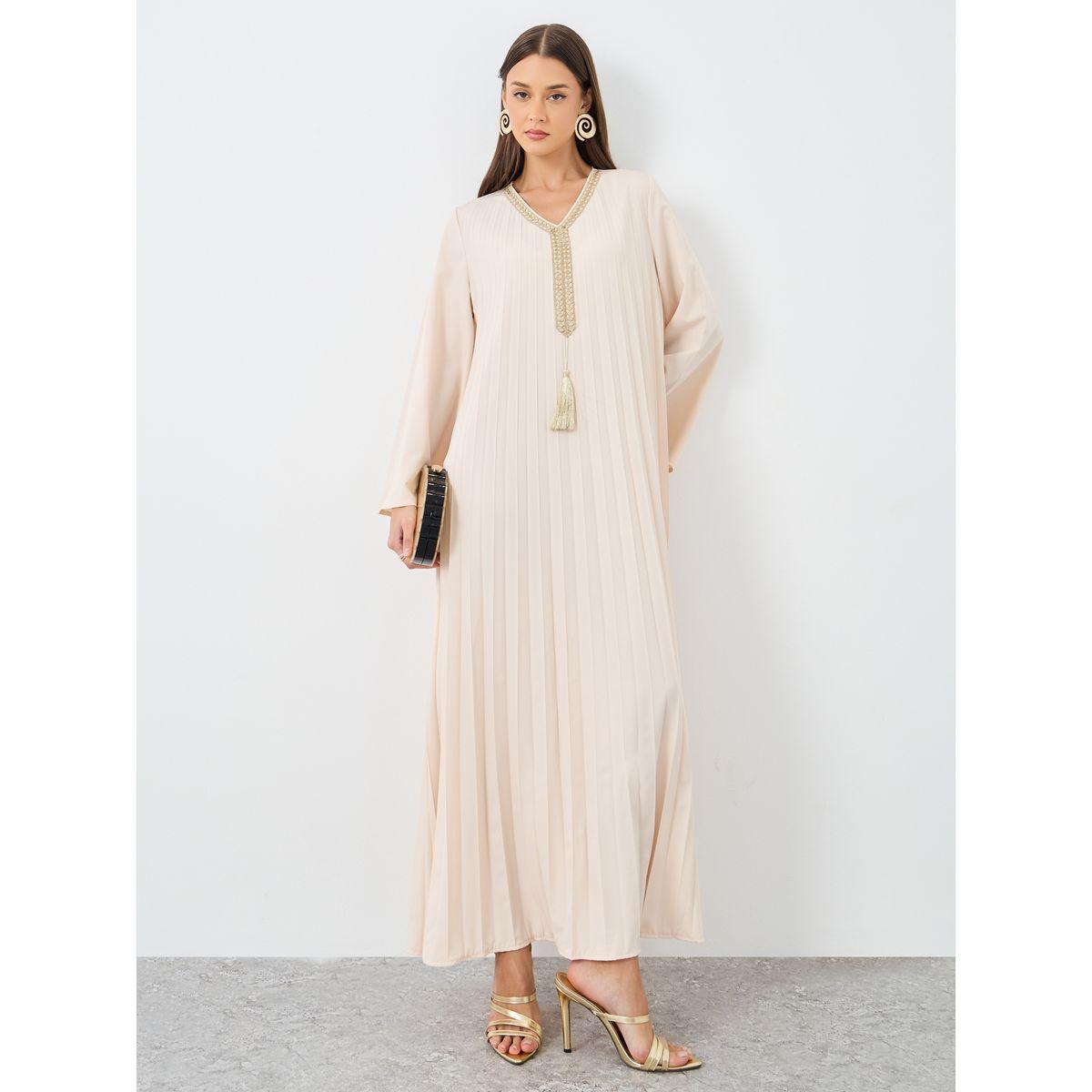 جلابية بتفاصيل كسرات مع شراشيب-women-arabicclothing-jalabiyas-image-1
