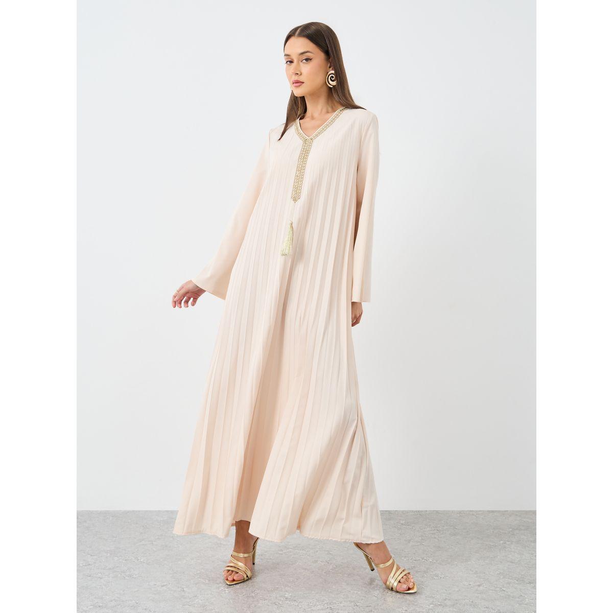 جلابية بتفاصيل كسرات مع شراشيب-women-arabicclothing-jalabiyas-image-2