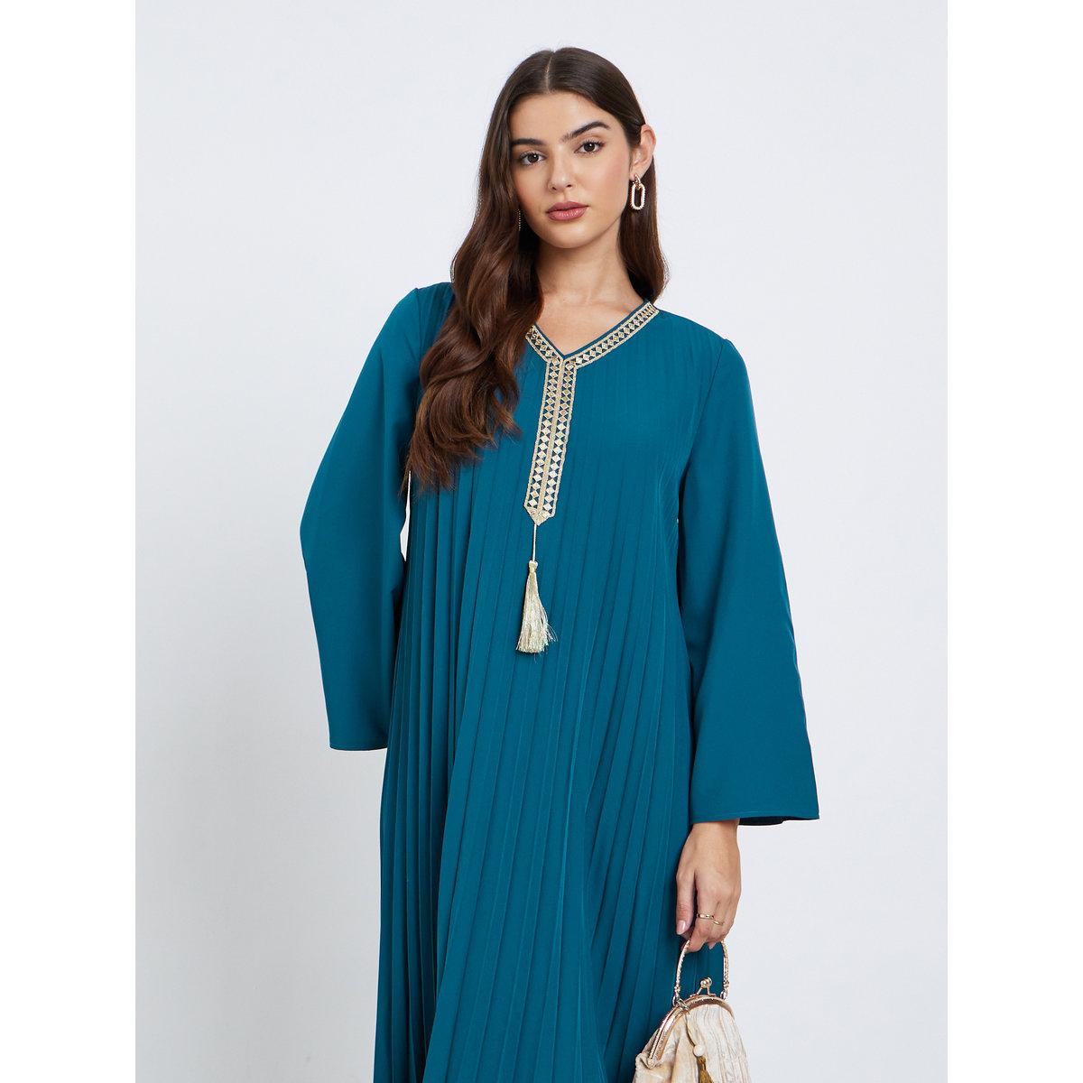 جلابية طويلة بتفاصيل كسرات مع شراشيب-women-arabicclothing-jalabiyas-image-2