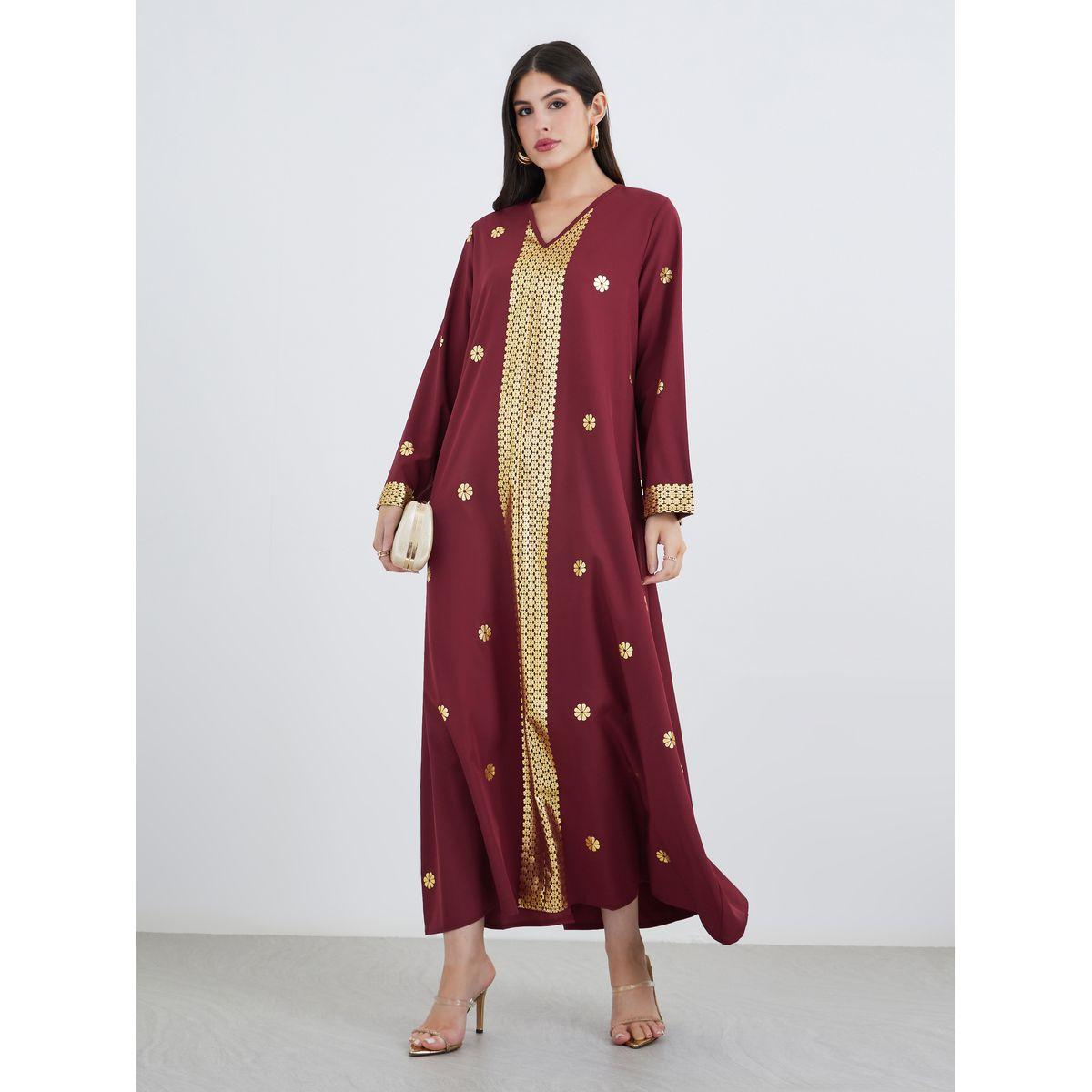 Amirah X Styli Foil Placement Print V Neck Jalabiya-women-arabicclothing-jalabiyas-image-1