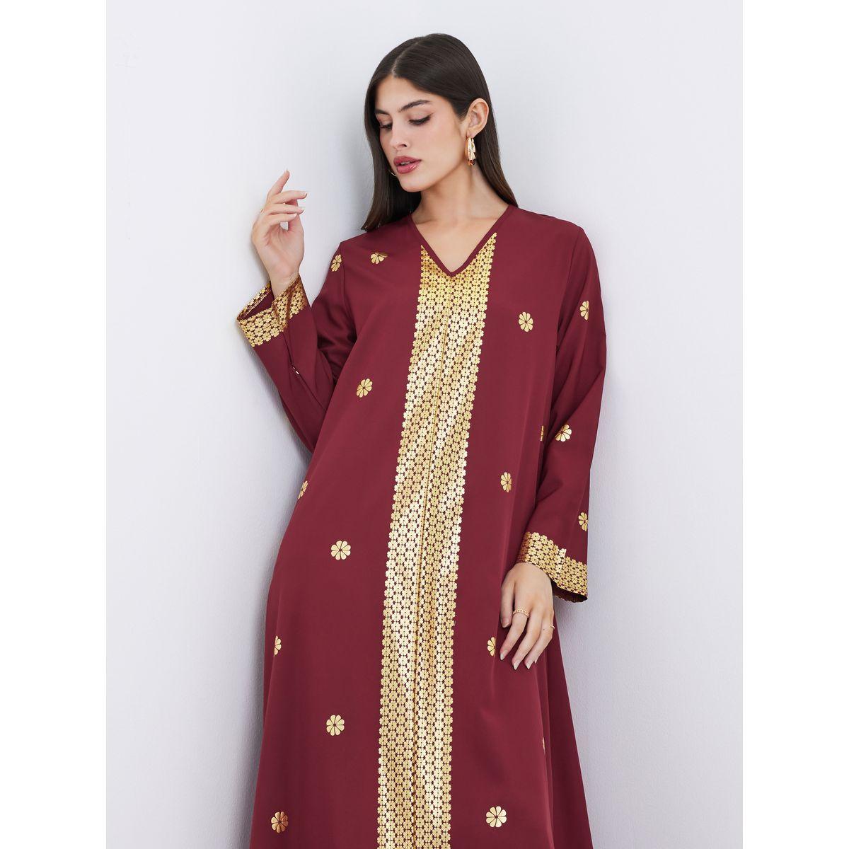 Amirah X Styli Foil Placement Print V Neck Jalabiya-women-arabicclothing-jalabiyas-image-3