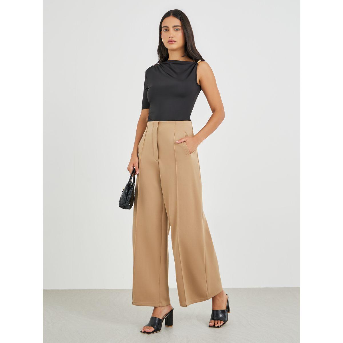 بنطال بأرجل واسعة وخصر عالي مع تفاصيل محزوزة-women-clothing-bottoms-trousers-image-1