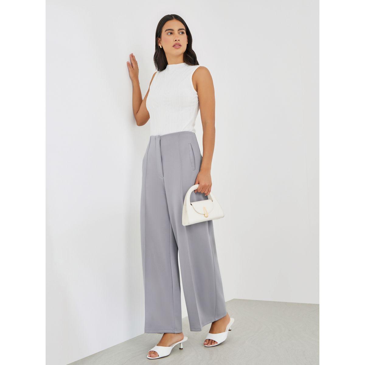 بنطال بأرجل واسعة وخصر عالي مع تفاصيل محزوزة-women-clothing-bottoms-trousers-image-1