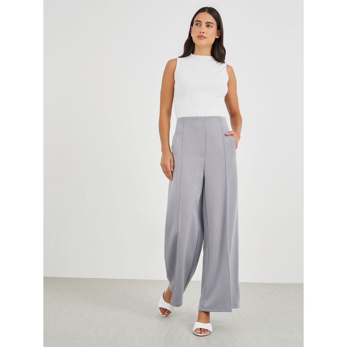 بنطال بأرجل واسعة وخصر عالي مع تفاصيل محزوزة-women-clothing-bottoms-trousers-image-2