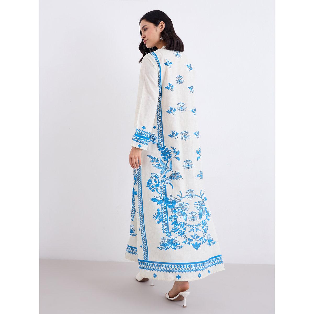 Amirah X Styli Placement Print Notch Neck A-Line Jalabiya-women-arabicclothing-jalabiyas-image-5