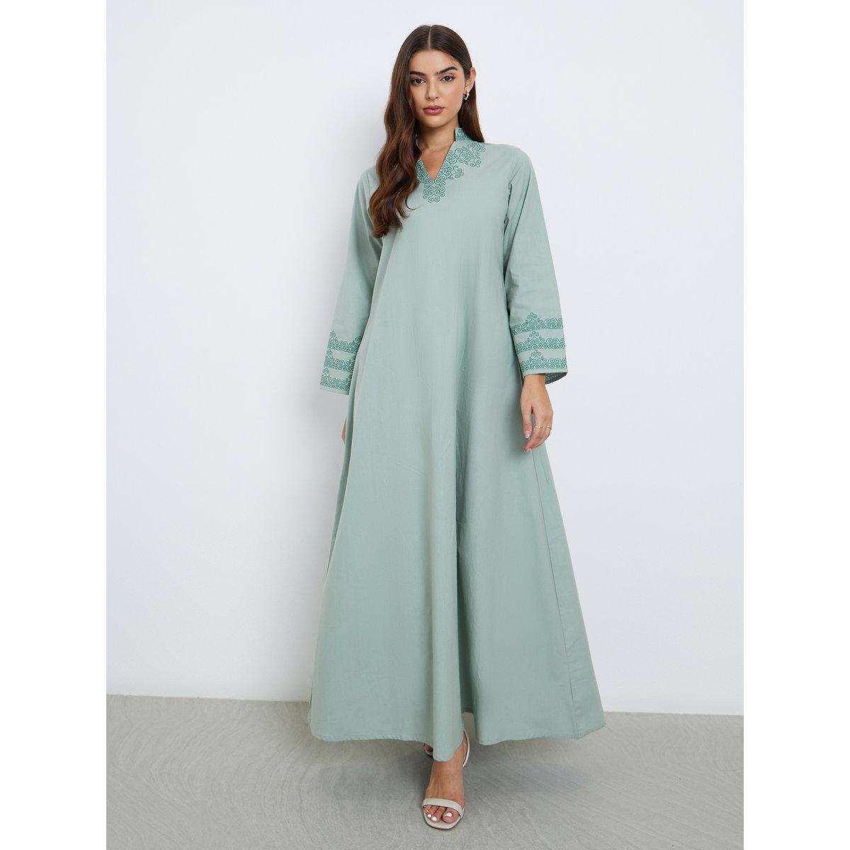 Amirah X Styli Green Printed Panel Cotton Jalabiya-women-arabicclothing-jalabiyas-image-1