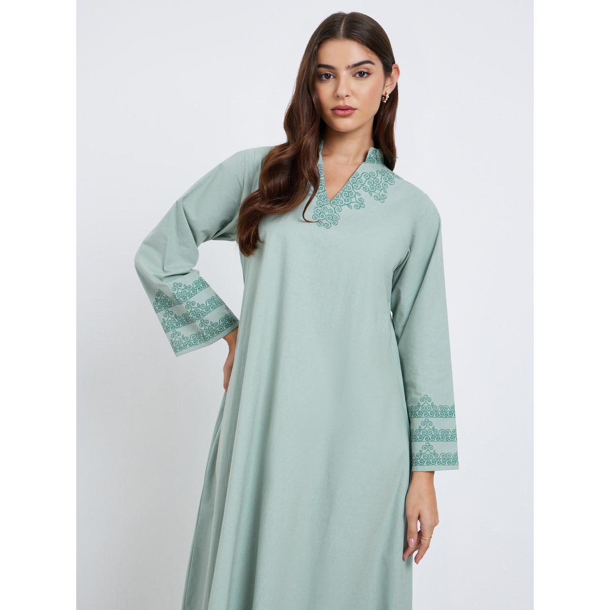 Amirah X Styli Green Printed Panel Cotton Jalabiya-women-arabicclothing-jalabiyas-image-2