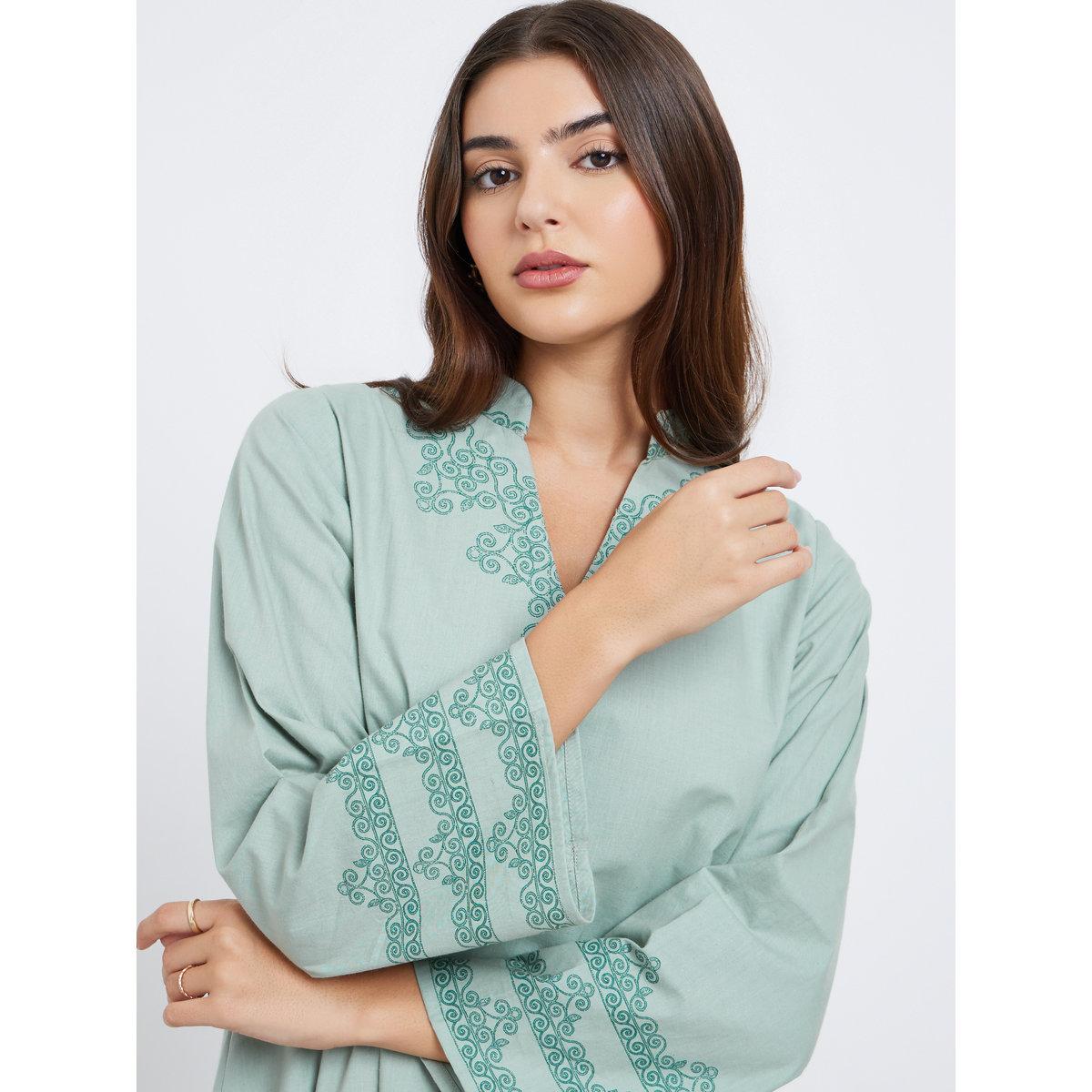 Amirah X Styli Green Printed Panel Cotton Jalabiya-women-arabicclothing-jalabiyas-image-3