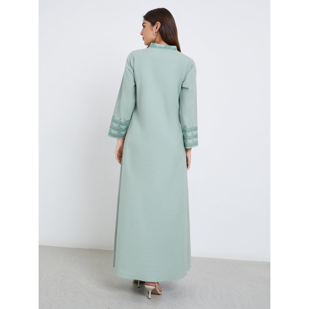 Amirah X Styli Green Printed Panel Cotton Jalabiya-women-arabicclothing-jalabiyas-image-4