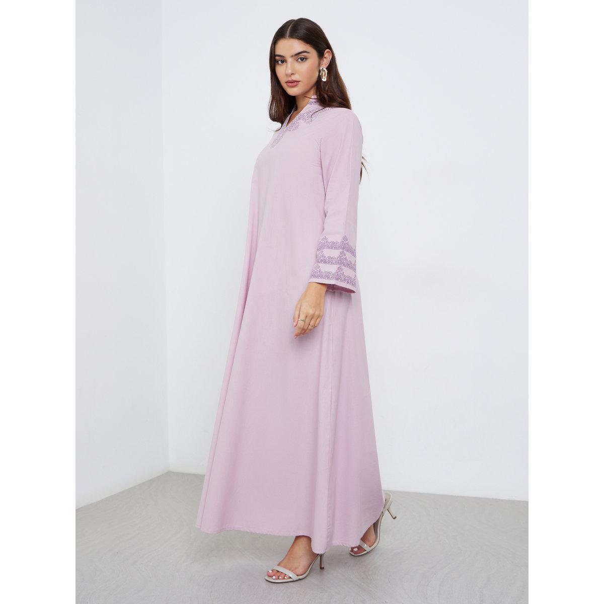 Styli Lilac Printed Panel Cotton Jalabiya-women-arabicclothing-jalabiyas-image-1