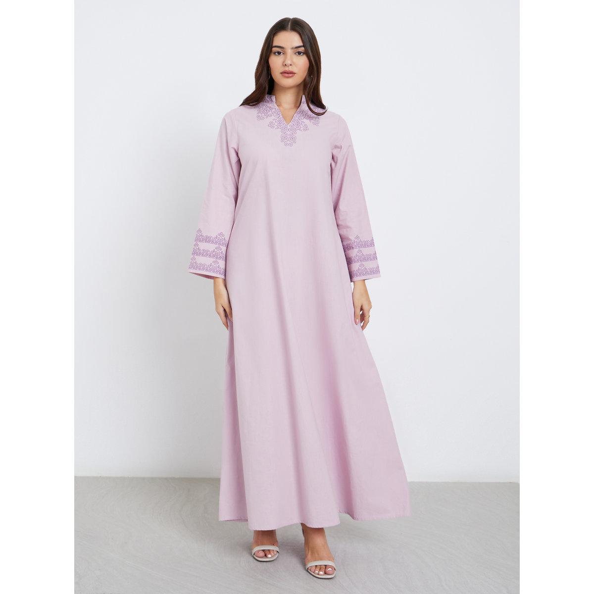 Styli Lilac Printed Panel Cotton Jalabiya-women-arabicclothing-jalabiyas-image-2