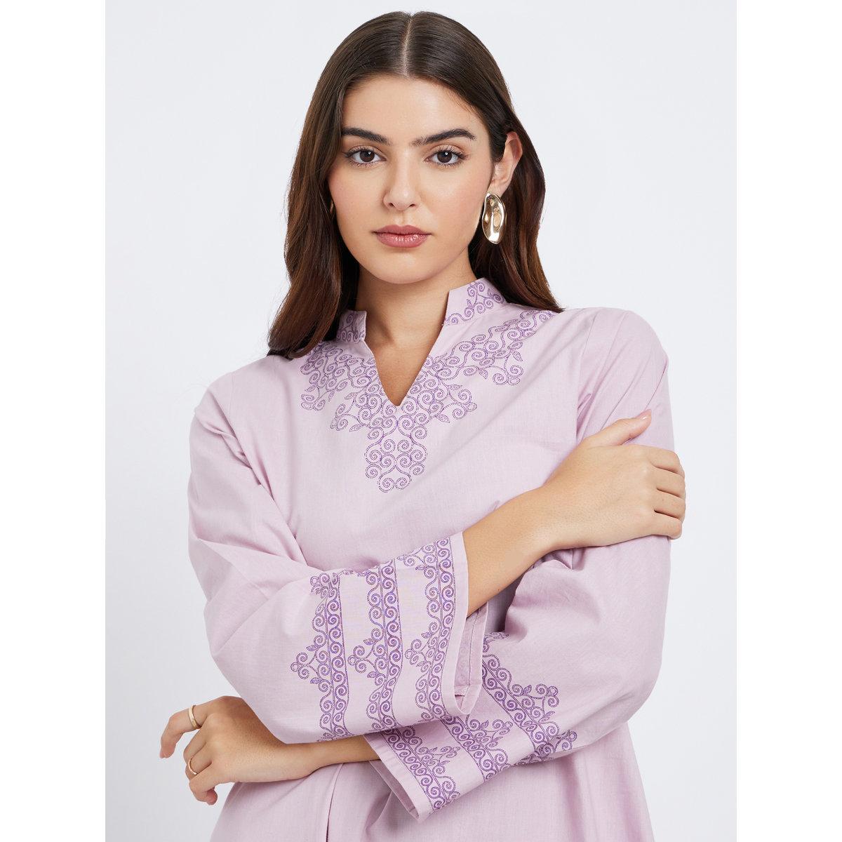 Styli Lilac Printed Panel Cotton Jalabiya-women-arabicclothing-jalabiyas-image-4