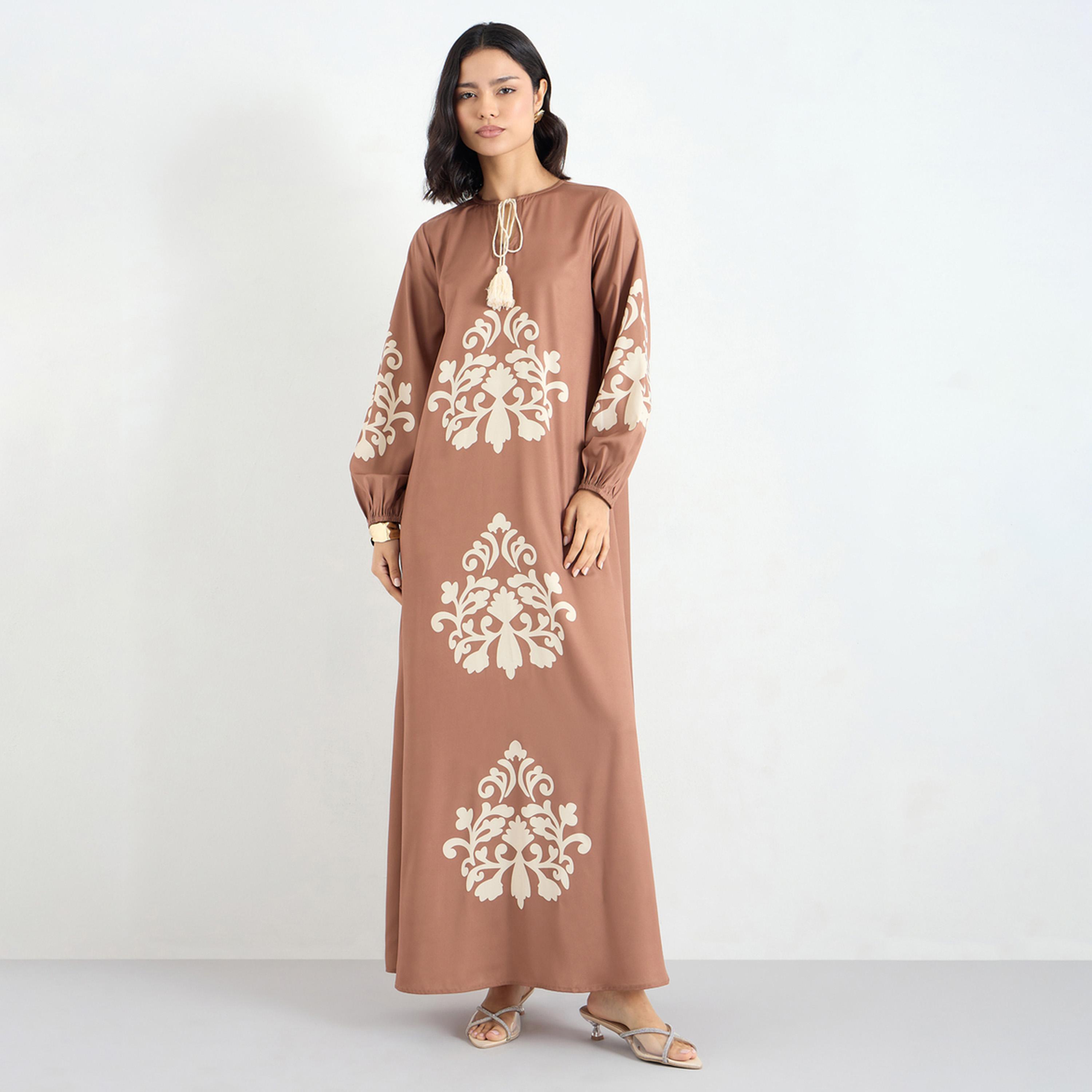 Amirah X Styli Brown Printed Tie-Up Neck A-Line Jalabiya-women-arabicclothing-jalabiyas-image-1
