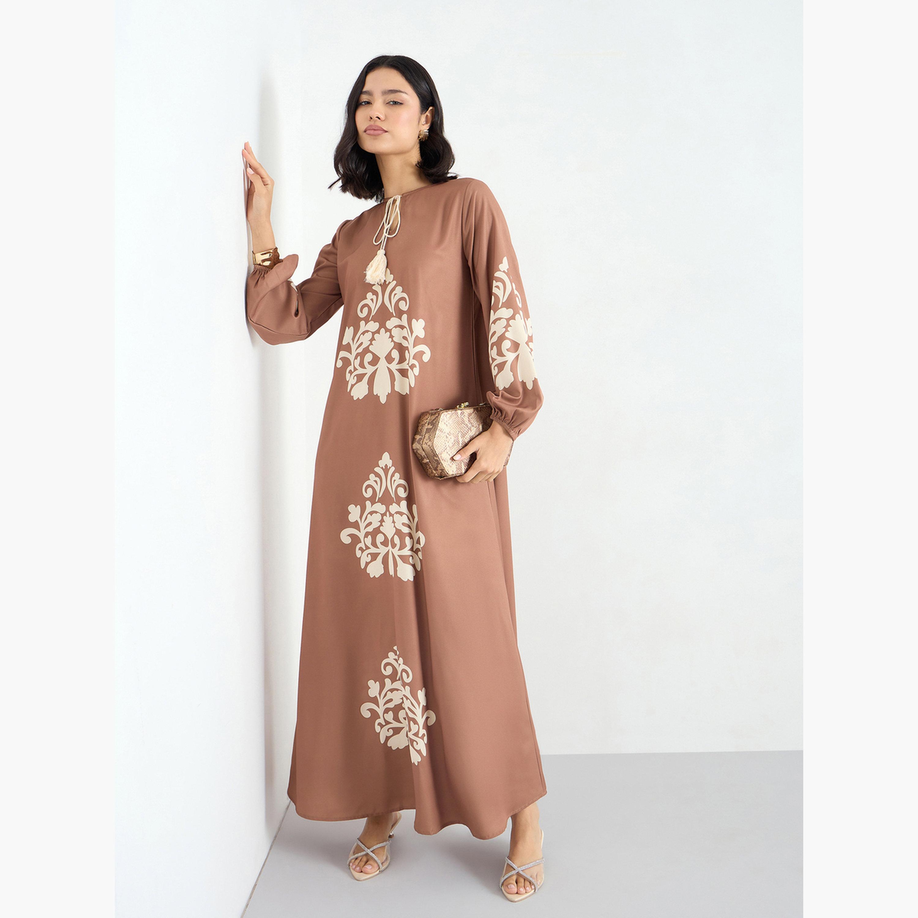 Amirah X Styli Brown Printed Tie-Up Neck A-Line Jalabiya-women-arabicclothing-jalabiyas-image-3