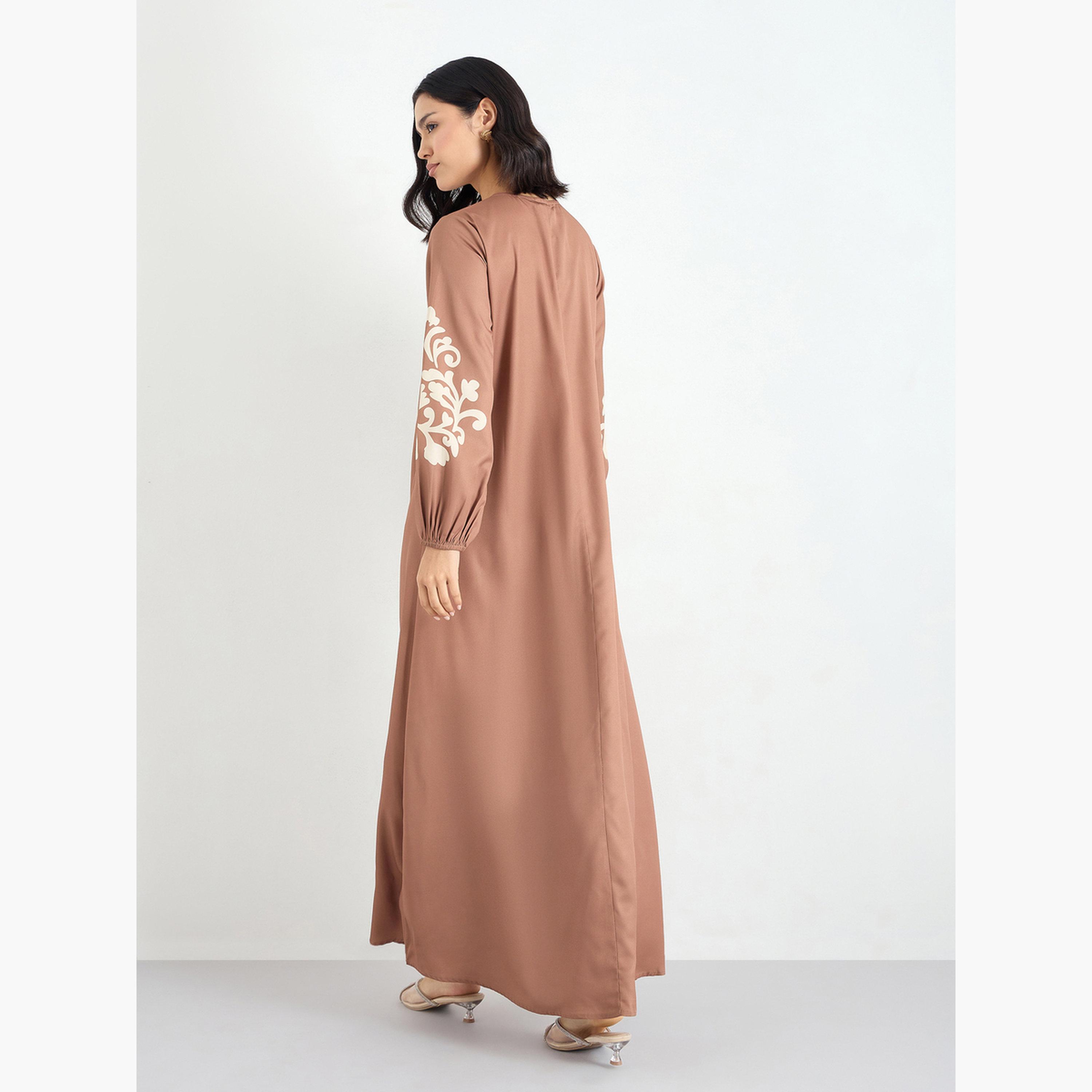 Amirah X Styli Brown Printed Tie-Up Neck A-Line Jalabiya-women-arabicclothing-jalabiyas-image-5