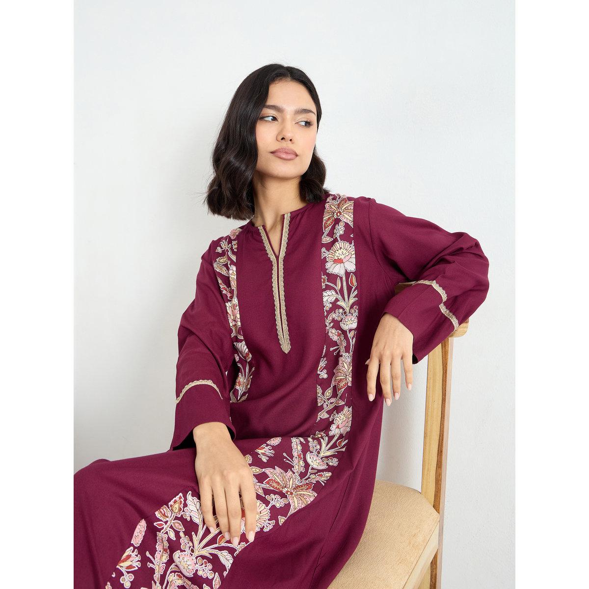 Styli Maroon Embroidered A-Line Jalabiya-women-arabicclothing-jalabiyas-image-1