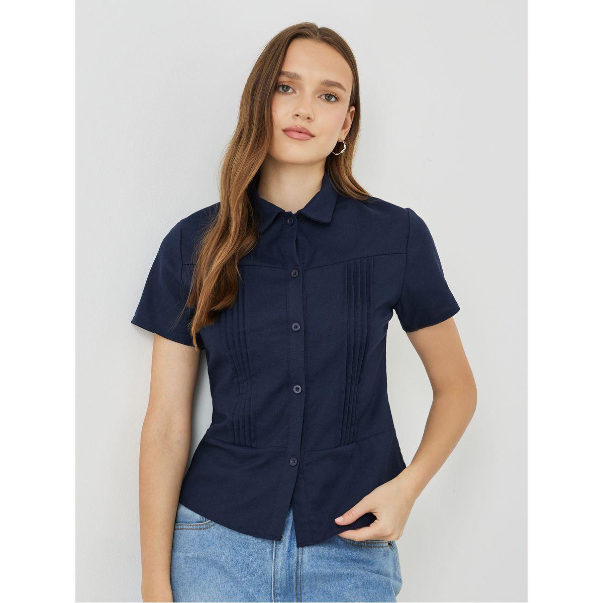بلوزة سادة بقصة سليم فت وأكمام قصيرة-women-clothing-shirtsandblouses-shirts-image-1