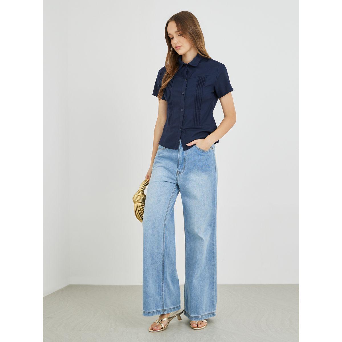 بلوزة سادة بقصة سليم فت وأكمام قصيرة-women-clothing-shirtsandblouses-shirts-image-2