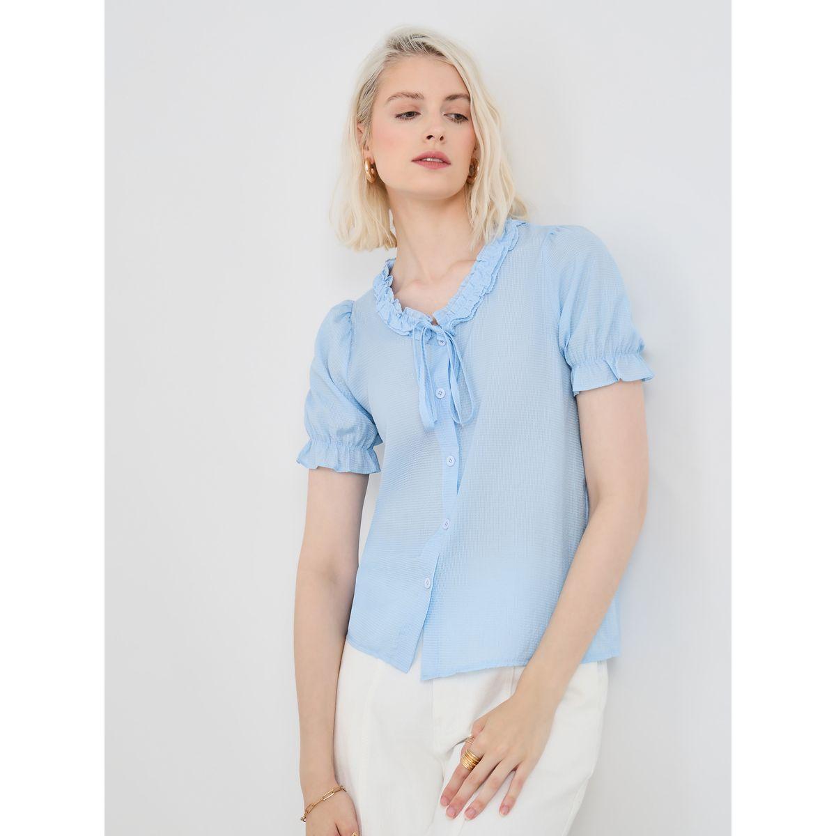 بلوزة سادة بأكمام منفوخة وتفاصيل كشكش-women-clothing-shirtsandblouses-blouses-image-1