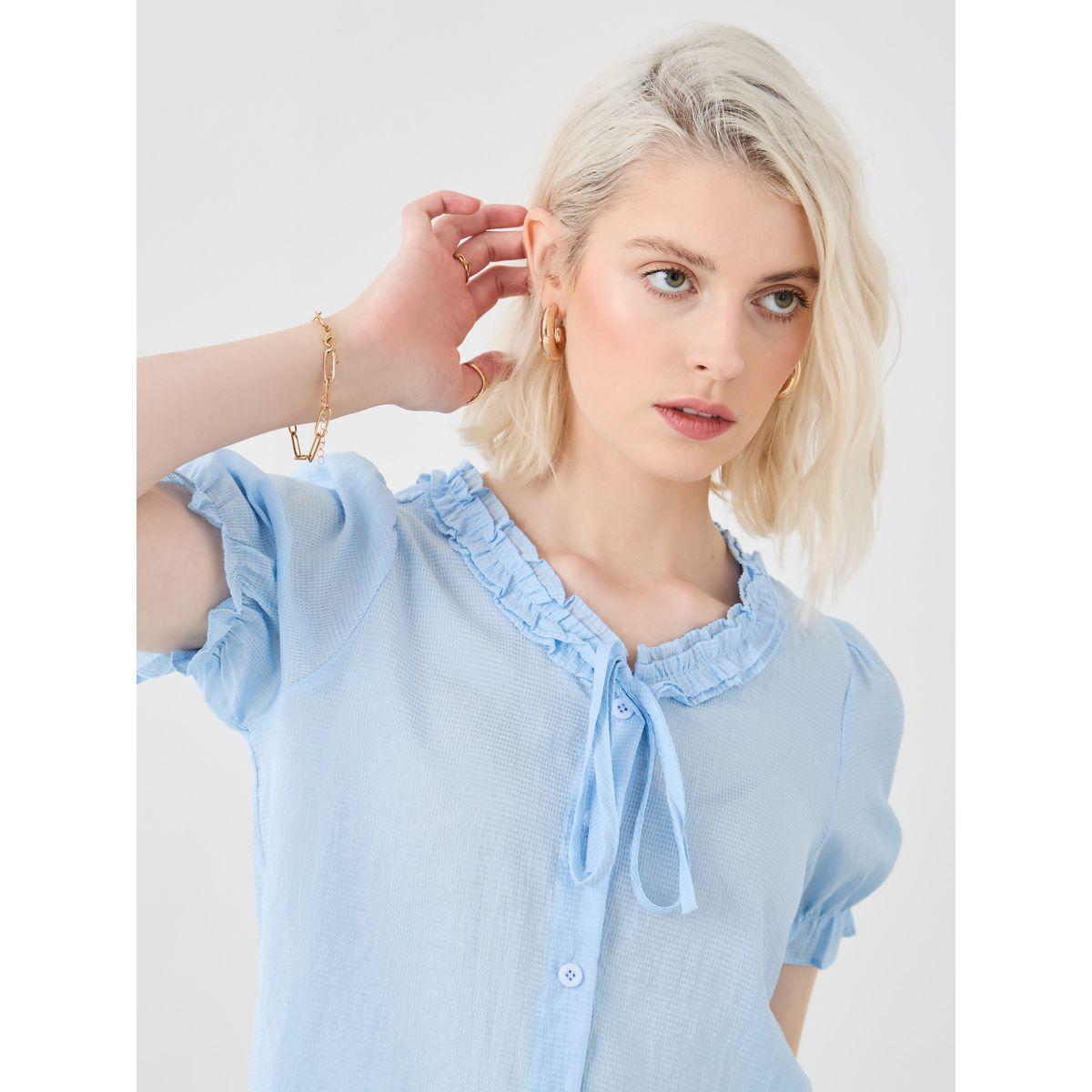 بلوزة سادة بأكمام منفوخة وتفاصيل كشكش-women-clothing-shirtsandblouses-blouses-image-3