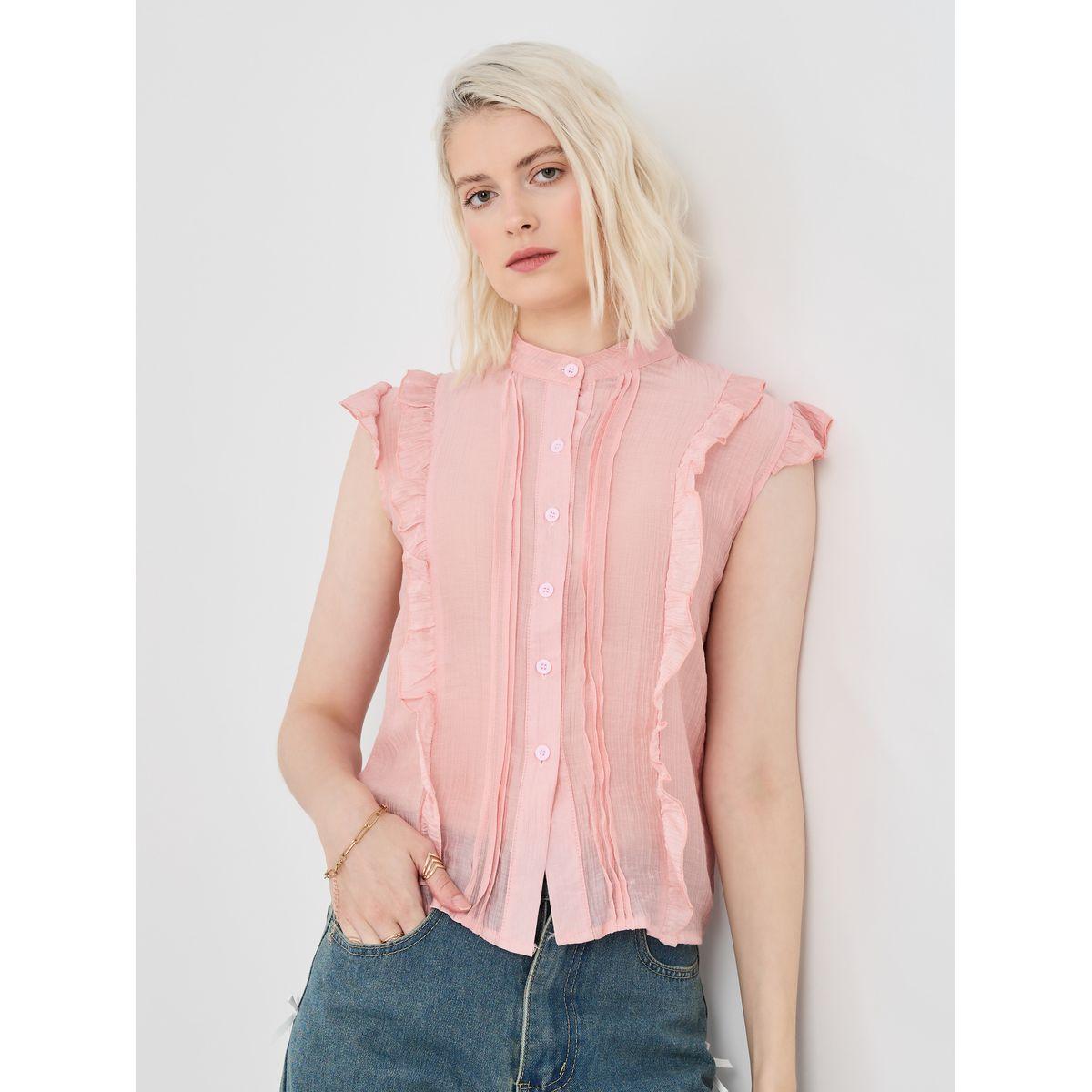 Styli Ruffled Sleeveless Mandarin Collar Shirt-women-clothing-shirtsandblouses-shirts-image-1