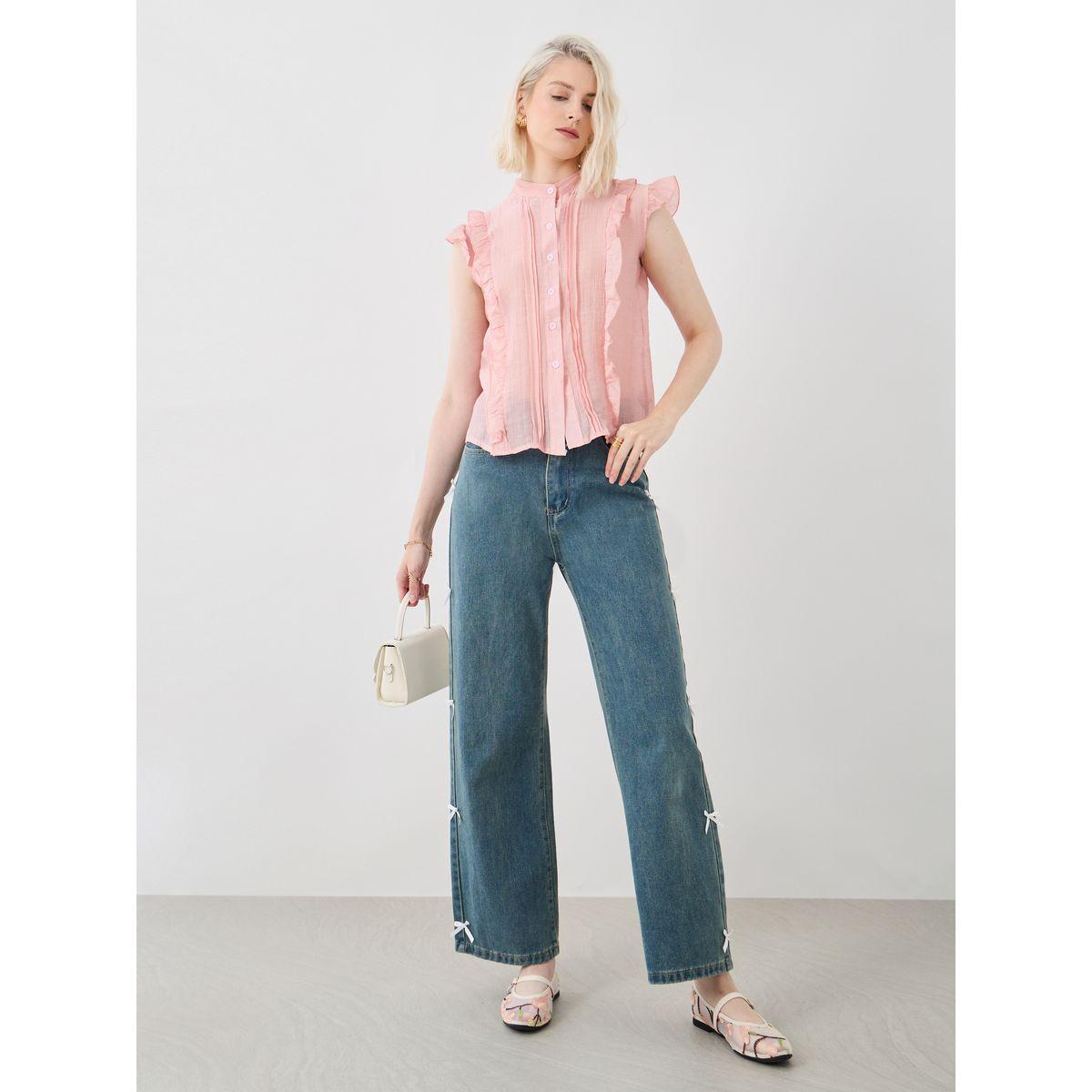Styli Ruffled Sleeveless Mandarin Collar Shirt-women-clothing-shirtsandblouses-shirts-image-2