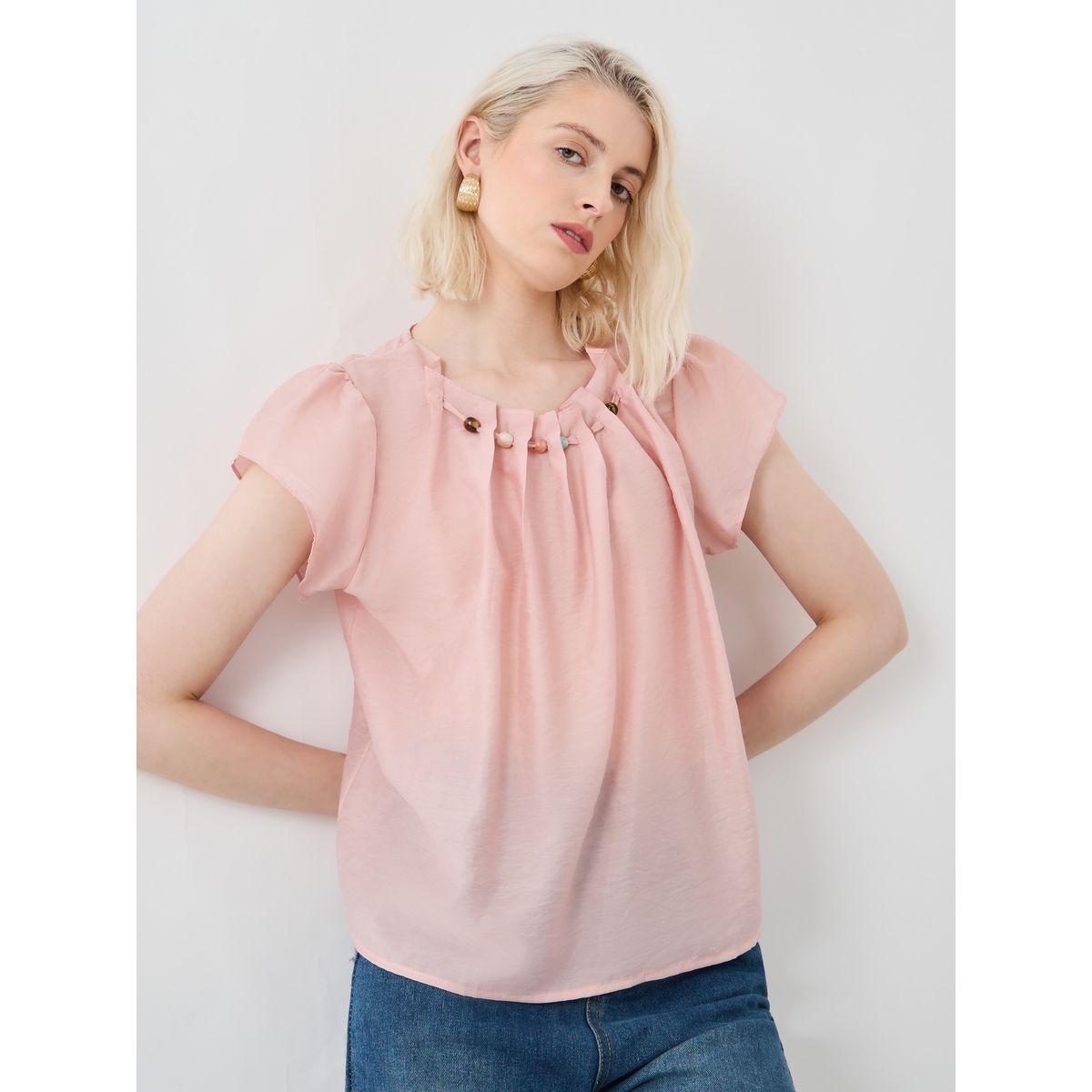 بلوزة منمقة بالخرز مع أكمام قصيرة وكسرات-women-clothing-shirtsandblouses-blouses-image-1