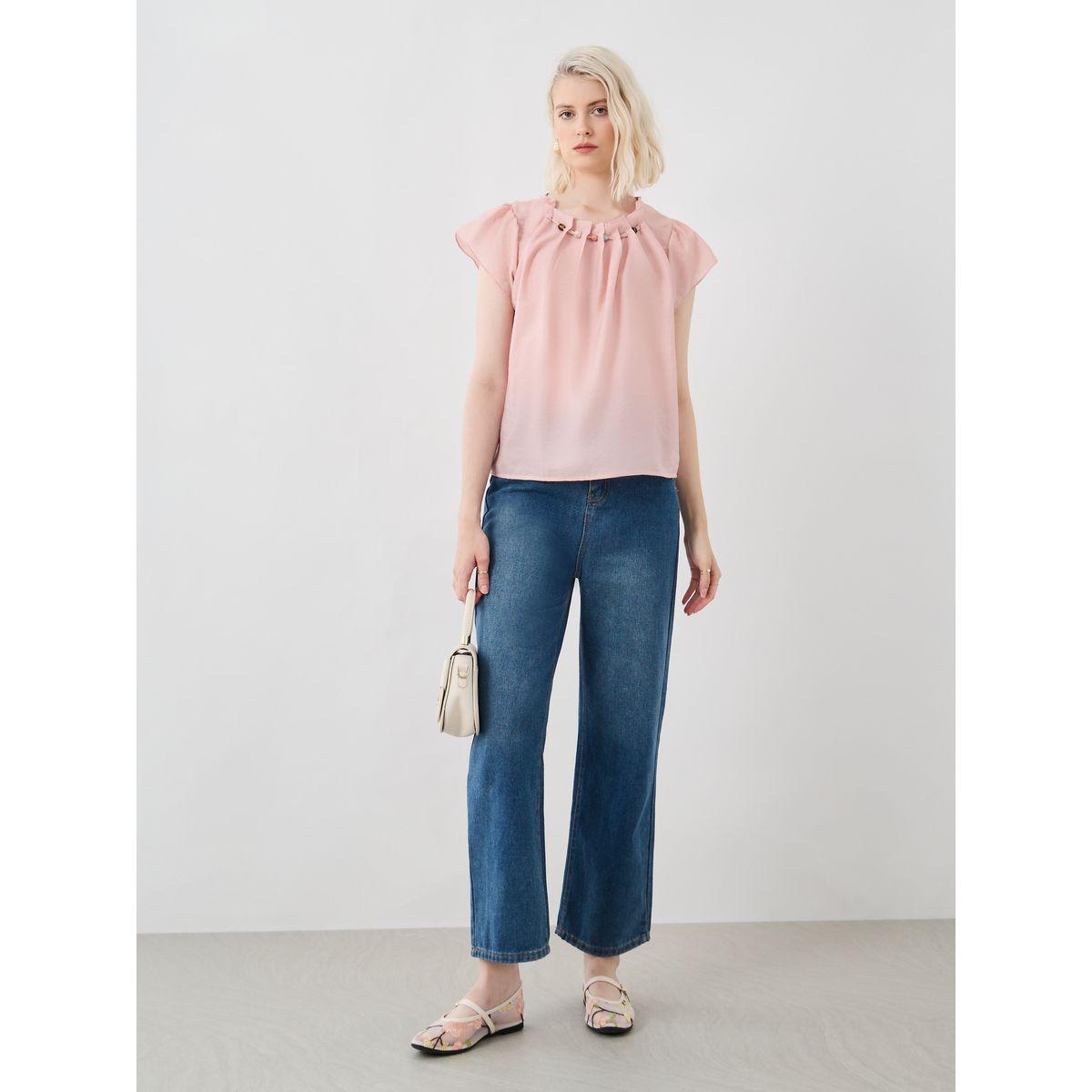 Styli Beaded Embellished Pleated Short Sleeve Top-women-clothing-shirtsandblouses-blouses-image-2