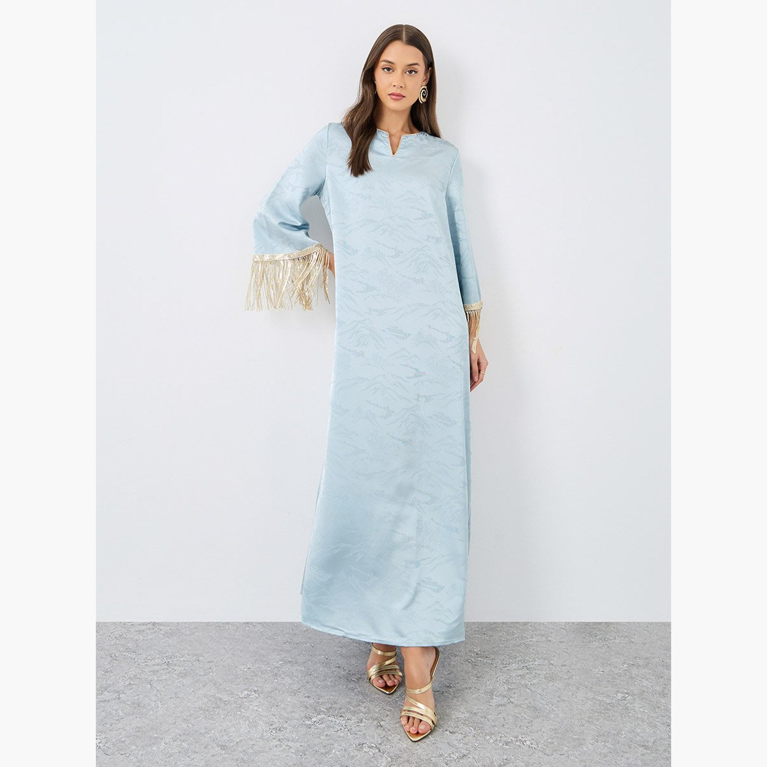 Styli Jacquard Notch Neck Tasseled Jalabiya-women-arabicclothing-jalabiyas-image-1