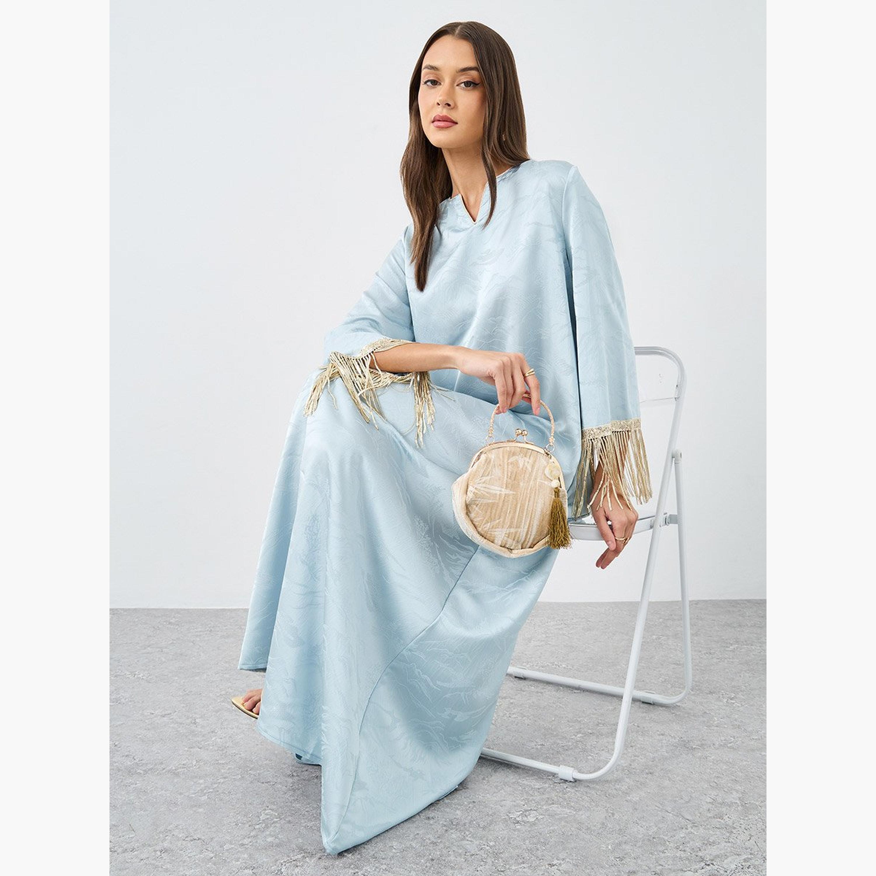 Styli Jacquard Notch Neck Tasseled Jalabiya-women-arabicclothing-jalabiyas-image-2