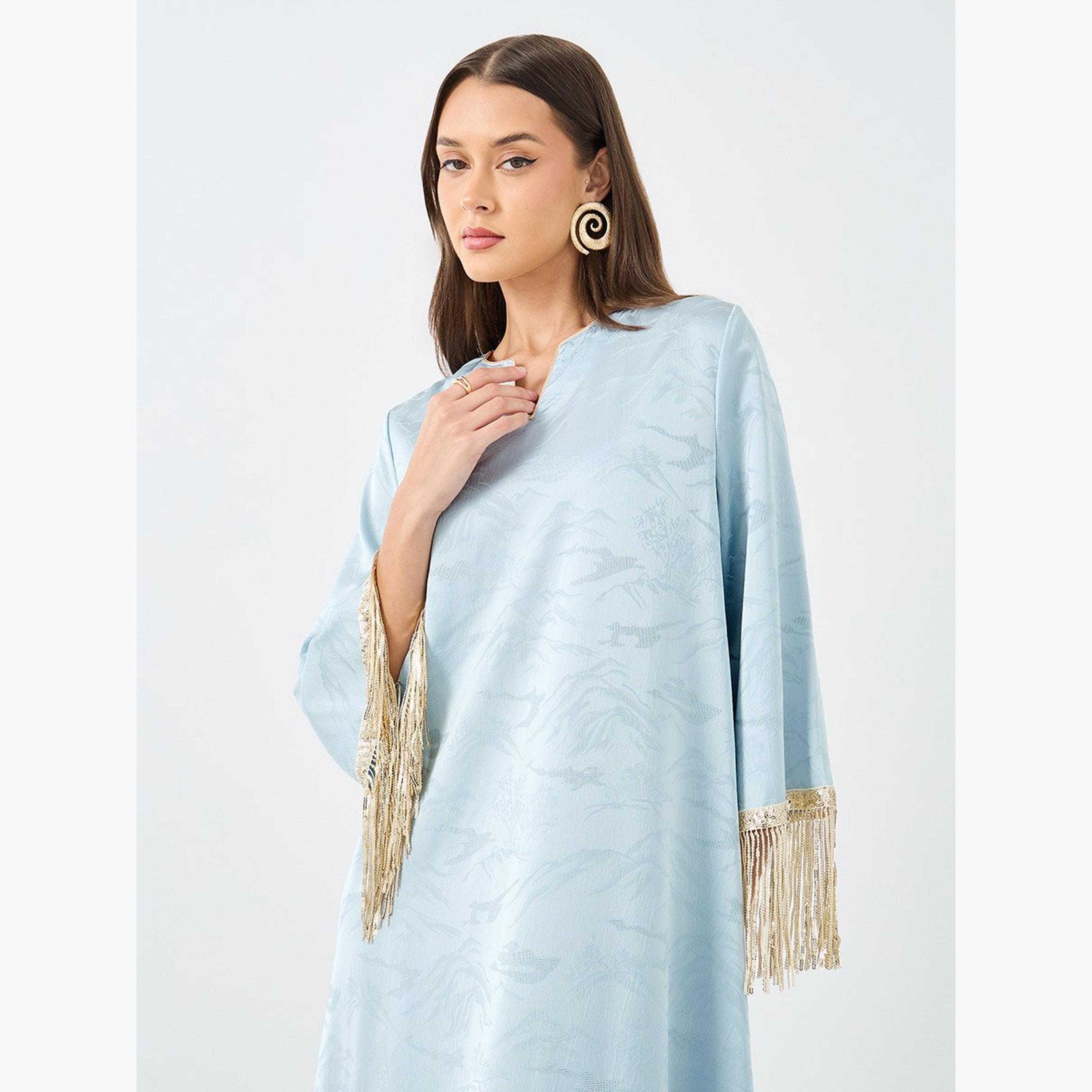 Styli Jacquard Notch Neck Tasseled Jalabiya-women-arabicclothing-jalabiyas-image-3