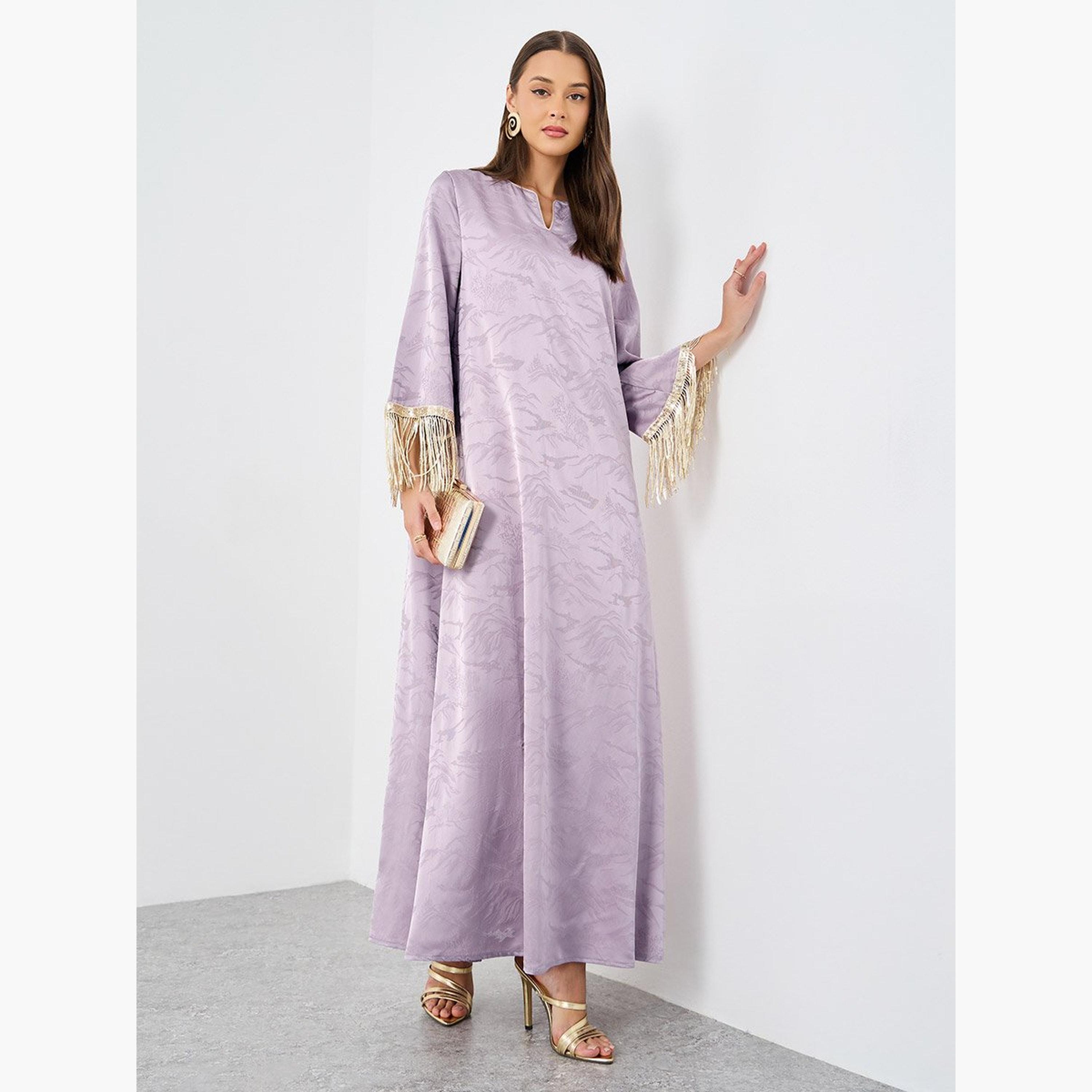 Styli Jacquard Notch Neck Tasseled Jalabiya-women-arabicclothing-jalabiyas-image-1