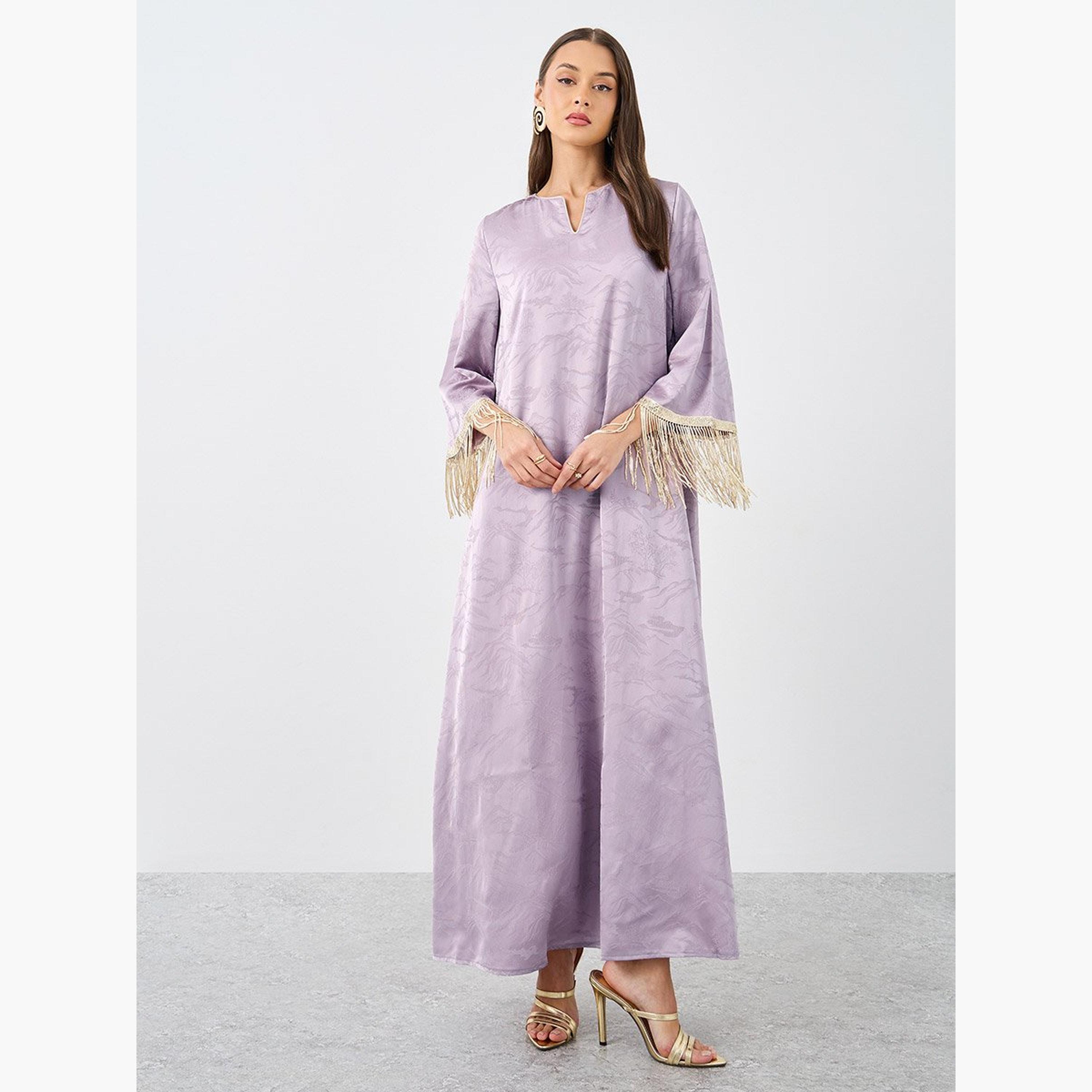 Styli Jacquard Notch Neck Tasseled Jalabiya-women-arabicclothing-jalabiyas-image-2