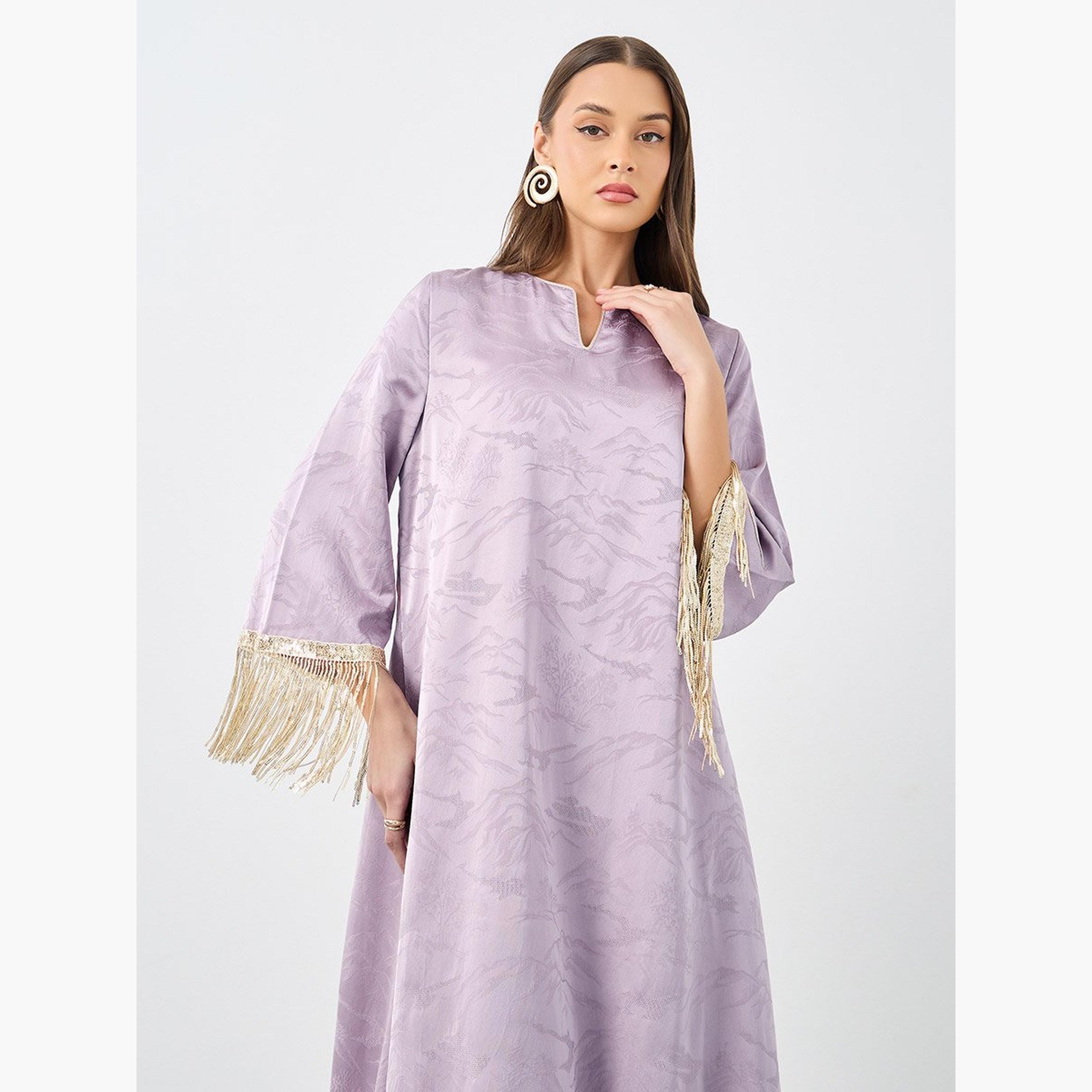 Styli Jacquard Notch Neck Tasseled Jalabiya-women-arabicclothing-jalabiyas-image-4
