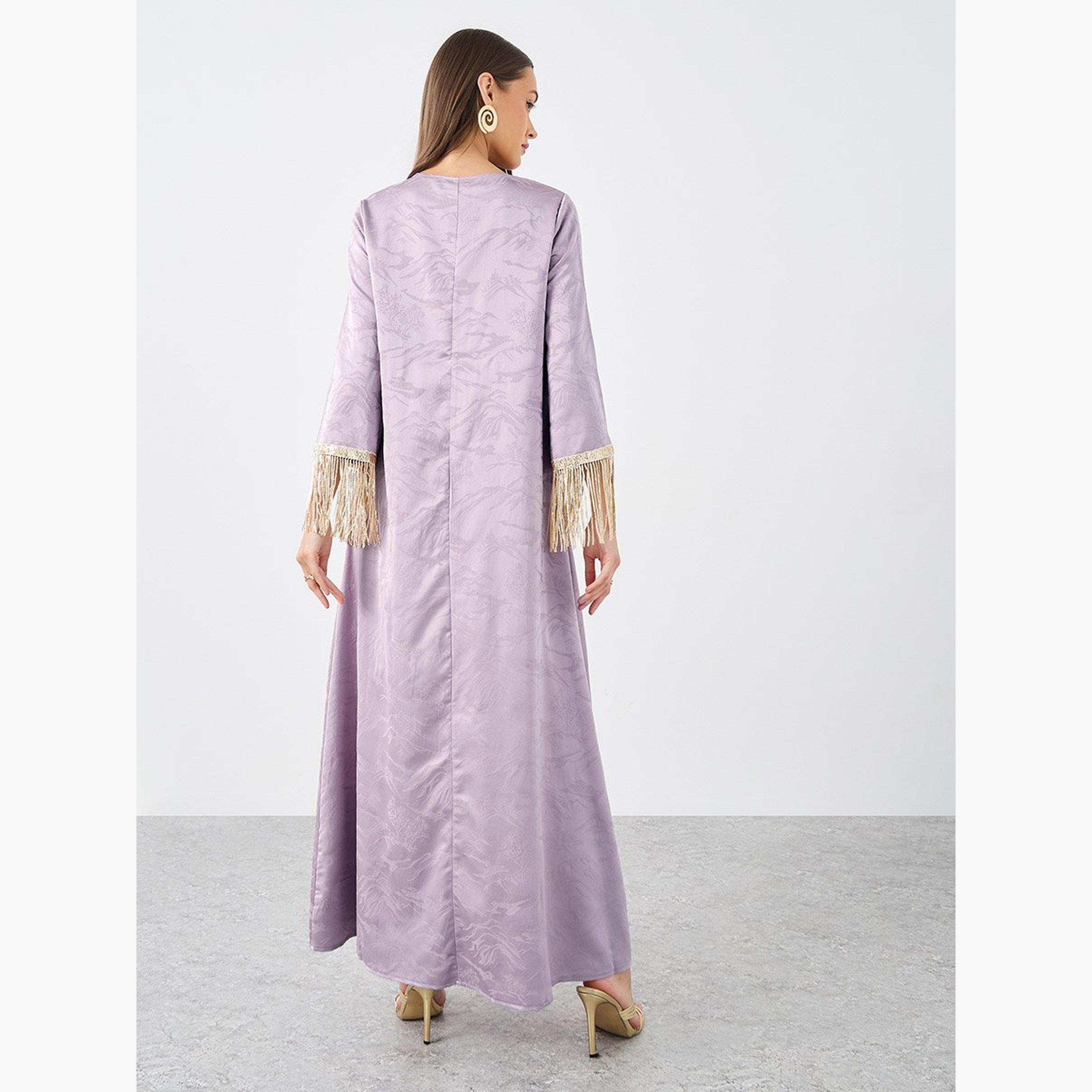 Styli Jacquard Notch Neck Tasseled Jalabiya-women-arabicclothing-jalabiyas-image-5