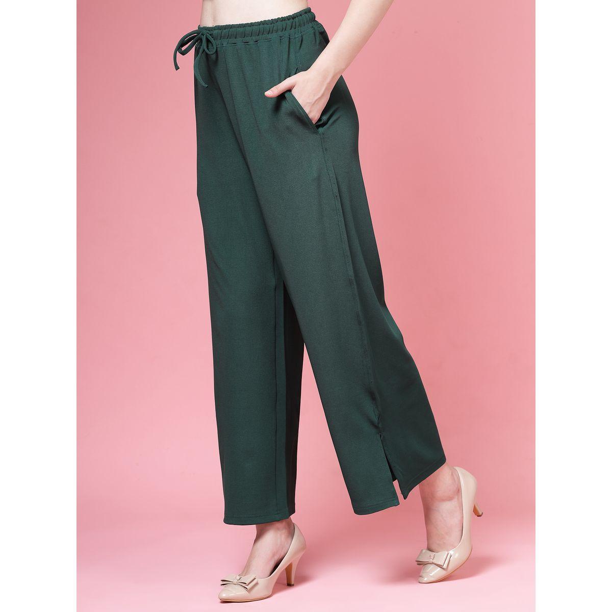 PAUSE Women Green Solid Drawstring Waist Wide Leg Pants-women-clothing-bottoms-trousers-image-2