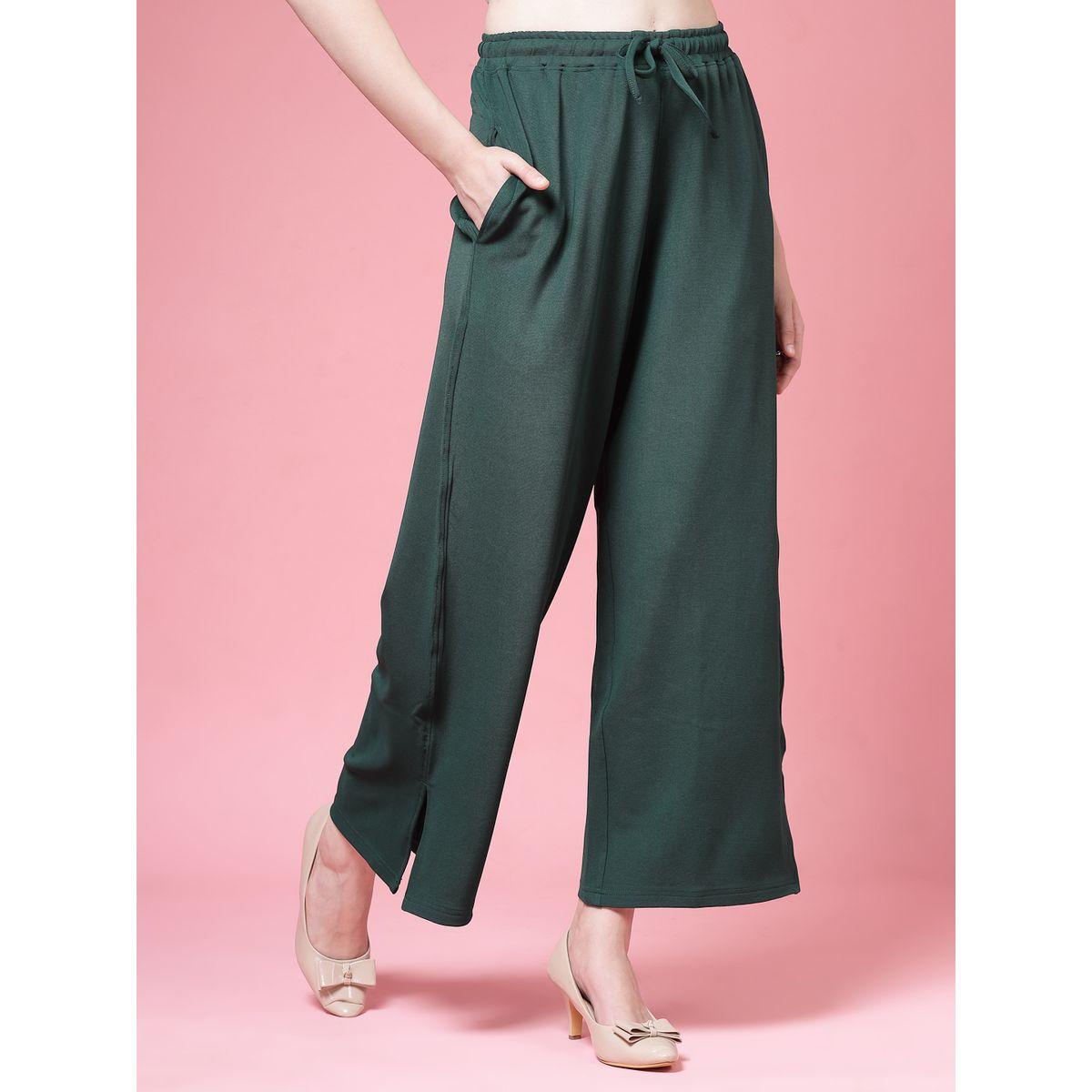 PAUSE Women Green Solid Drawstring Waist Wide Leg Pants-women-clothing-bottoms-trousers-image-3