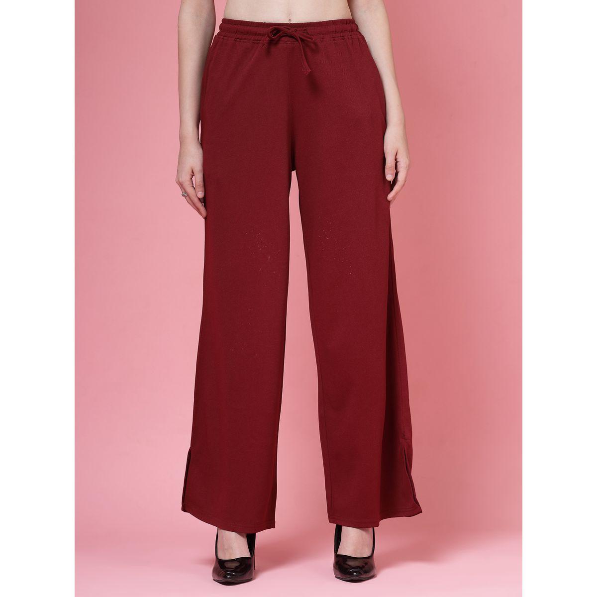 PAUSE Women Maroon Solid Drawstring Waist Wide Leg Pants-women-clothing-bottoms-trousers-image-1