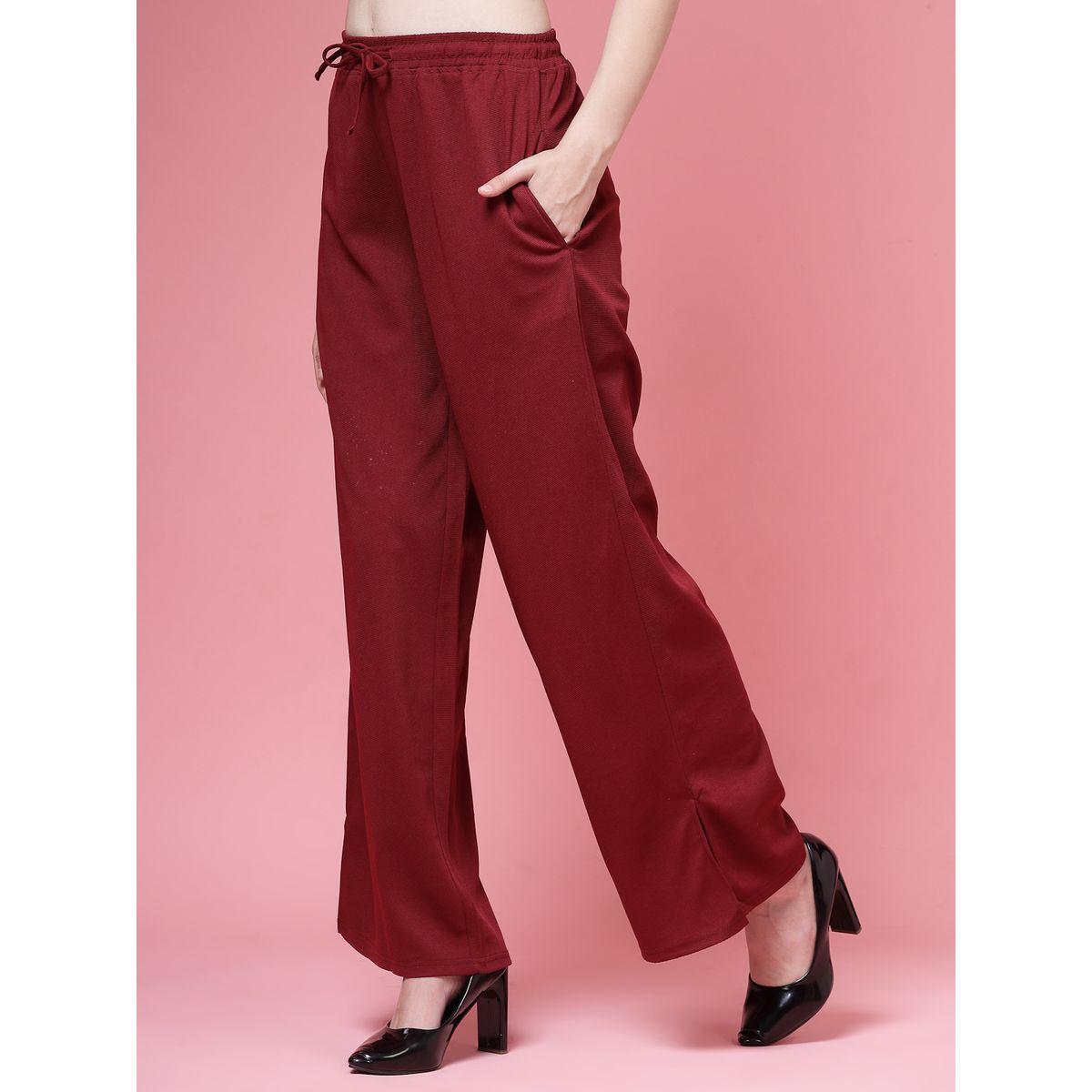 PAUSE Women Maroon Solid Drawstring Waist Wide Leg Pants-women-clothing-bottoms-trousers-image-2