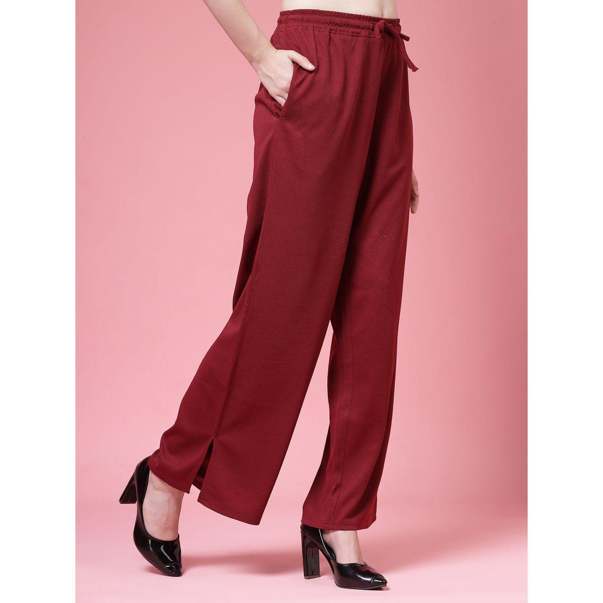 PAUSE Women Maroon Solid Drawstring Waist Wide Leg Pants-women-clothing-bottoms-trousers-image-3
