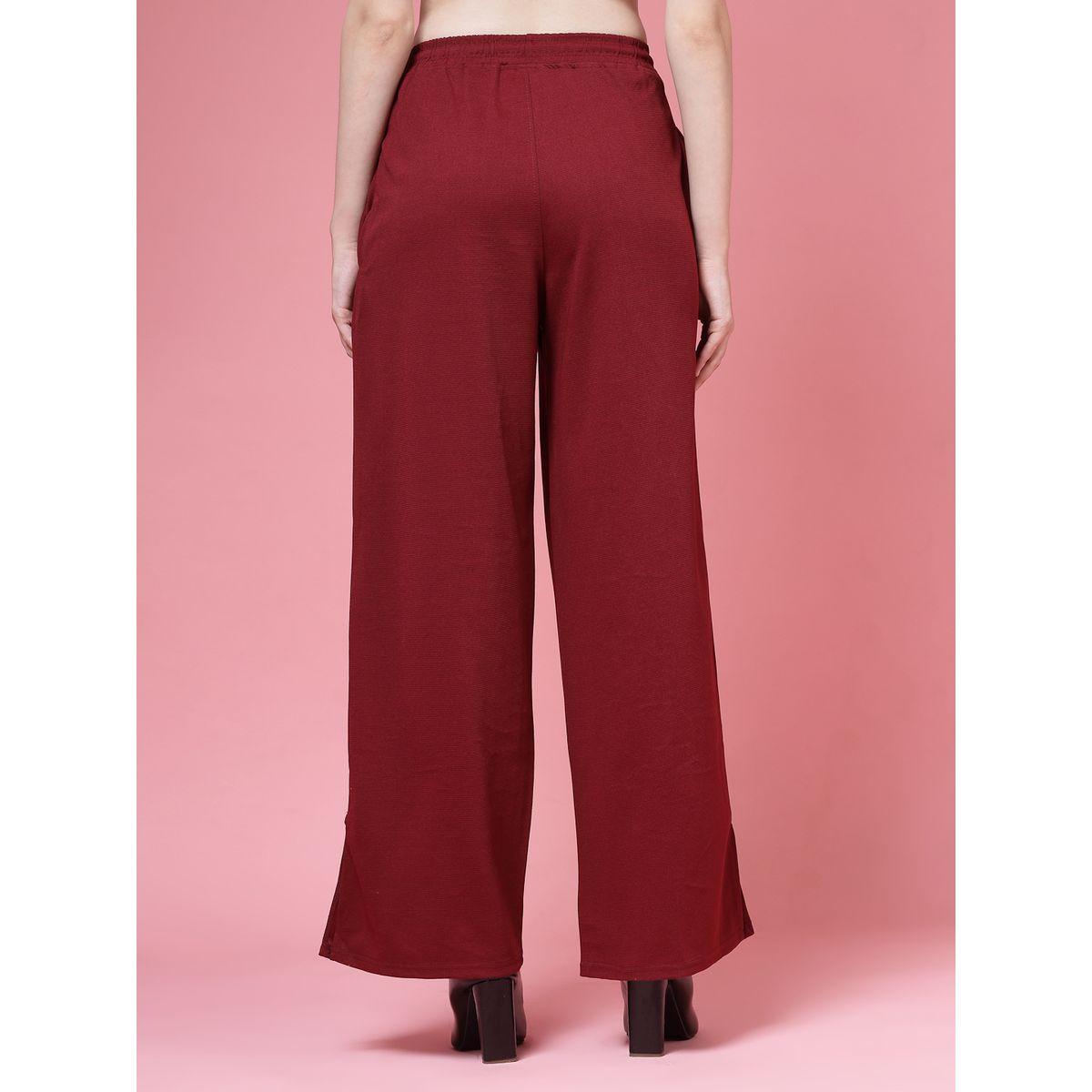 PAUSE Women Maroon Solid Drawstring Waist Wide Leg Pants-women-clothing-bottoms-trousers-image-4