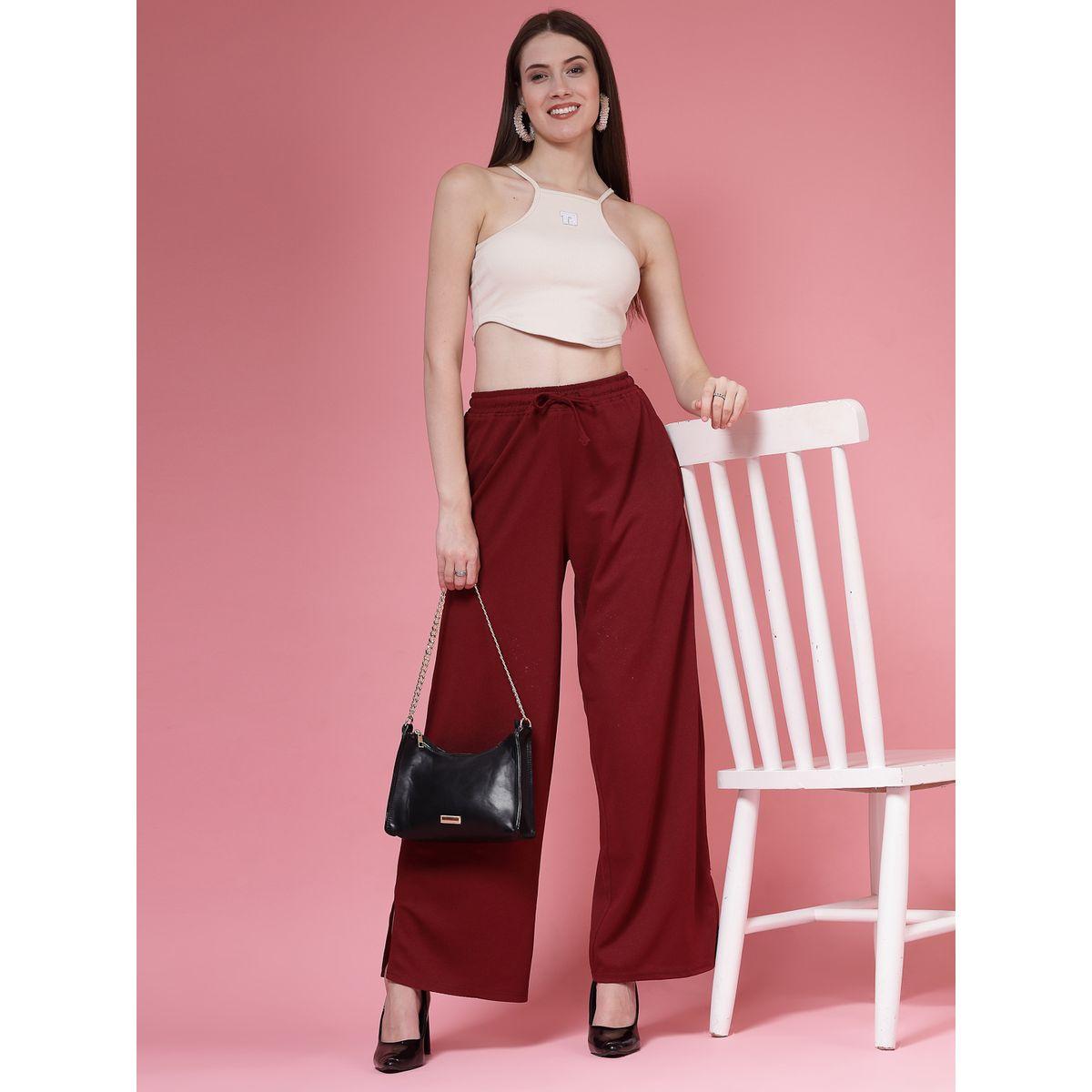 PAUSE Women Maroon Solid Drawstring Waist Wide Leg Pants-women-clothing-bottoms-trousers-image-6